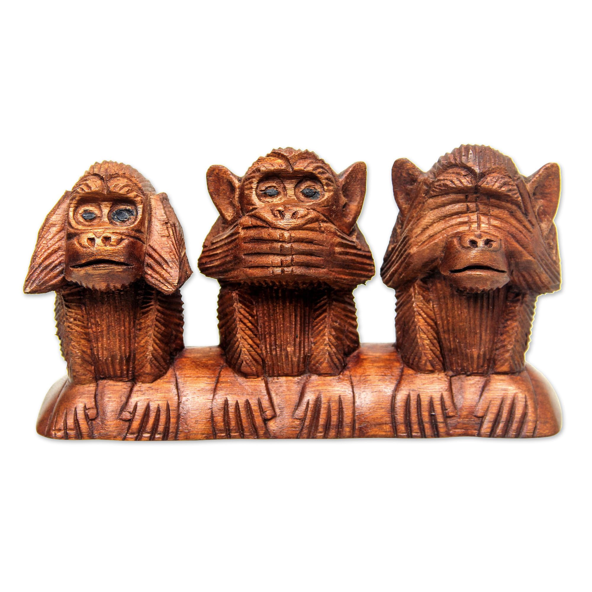 Hand Carved Suar Wood Monkey Proverb Sculpture - 4.5