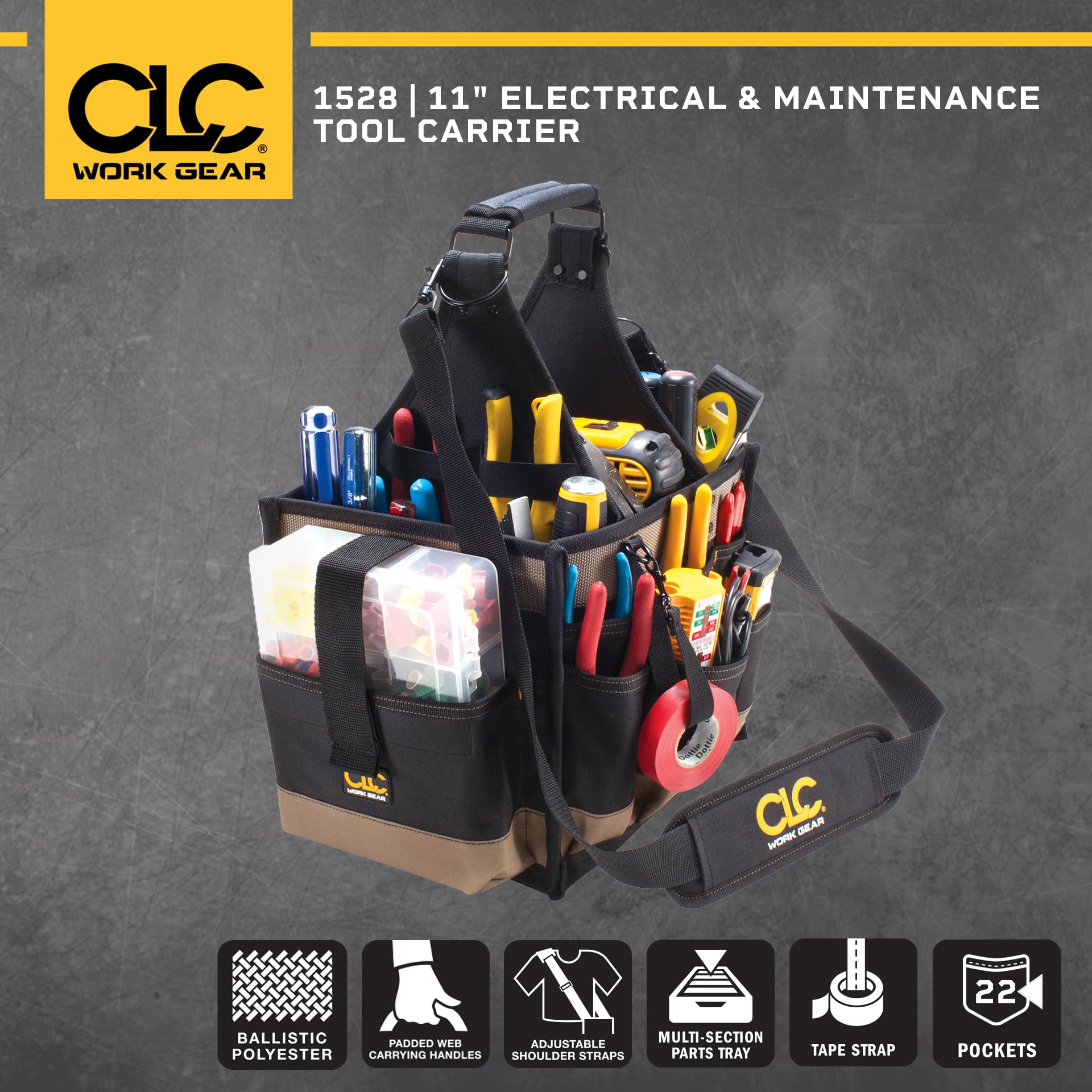CLC Custom LeatherCraft 1528 Large Electrical & Maintenance Tool Bag - Heavy Duty Black Tool Carrier for Electricians, Mechanics & DIY Projects - Perfect for Organizing Wrenches, Pliers & Power Tools On Job Sites
