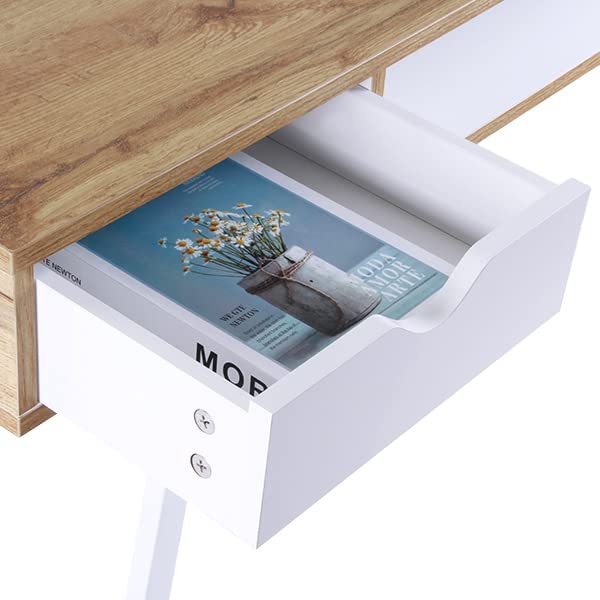 Mid Century Modern Desk with 2 Drawers & Storage Cube - 47 Inch Writing Study Desk for Small Spaces | Home Office Computer Desk, Multifunctional Vanity Dressing Table | Perfect for Apartments, Dorms & Compact Workspaces