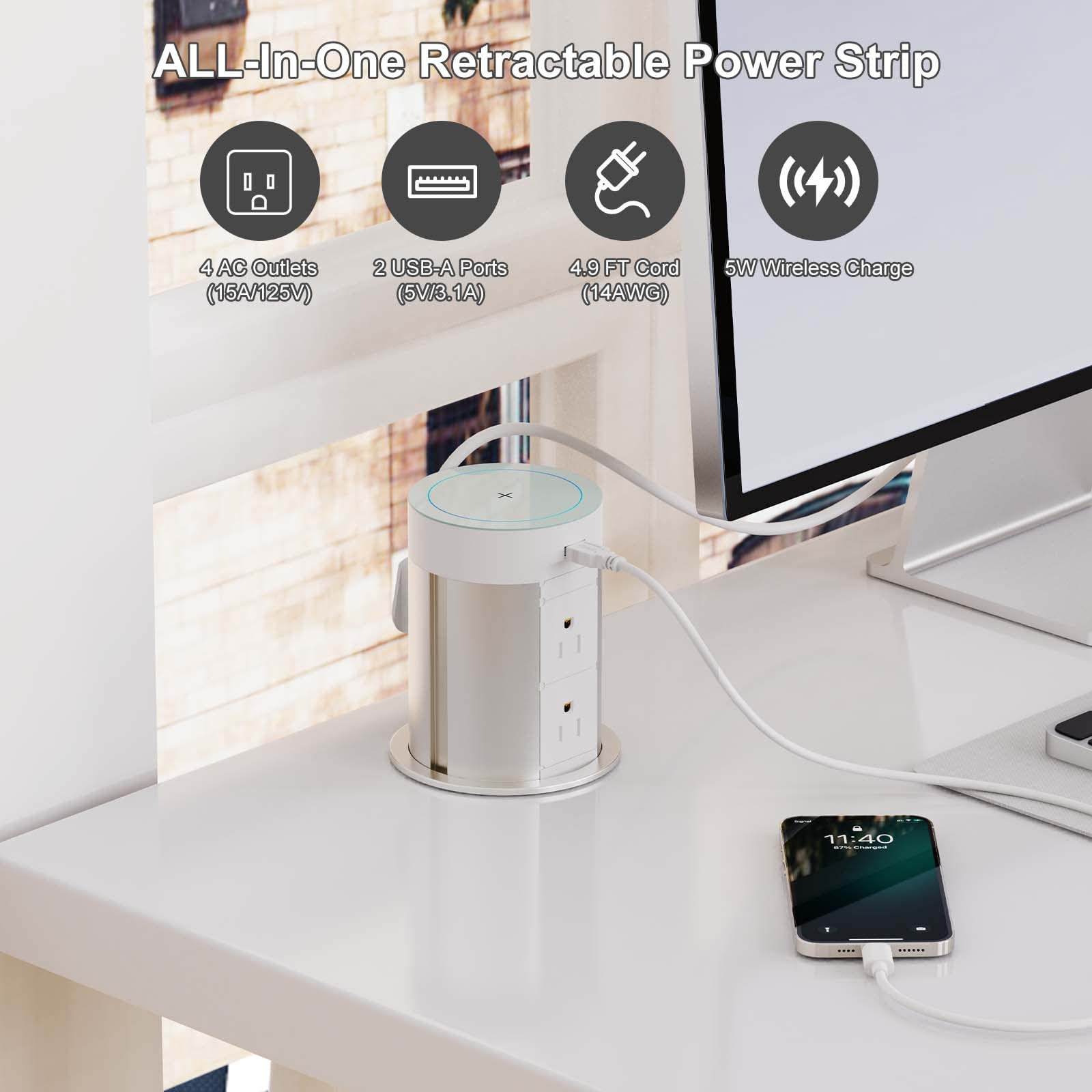 Pop Up Power Outlet with 5W Wireless Charger - 4 AC Outlets & 2 USB Ports - Hidden Countertop Charging Station for Kitchen, Office, Conference Room - ETL Certified - Perfect for Home, Workspace and Meeting Areas