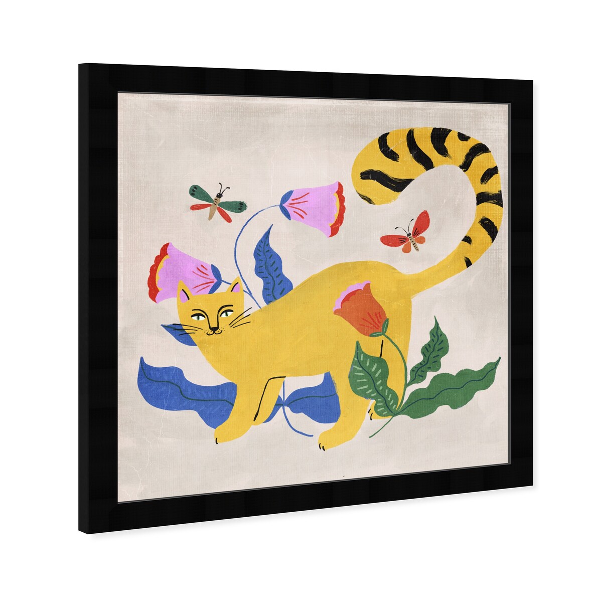 Blonde Tabby Floral Kitten Butterfly Garden Modern Yellow Framed Wall Art Print - Perfect for Bedroom, Nursery & Home Decor