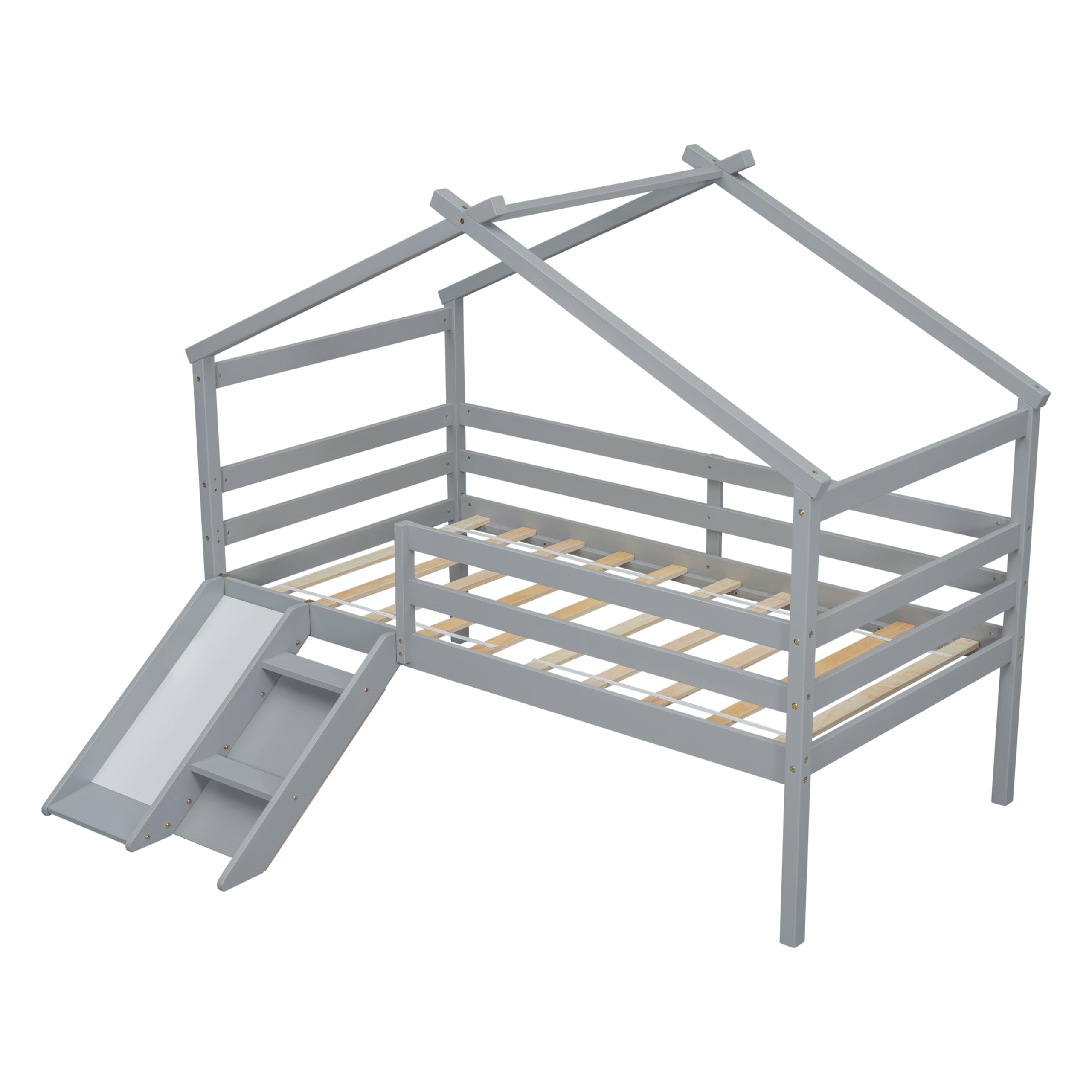 Bellemave Twin Size Low Loft Bed for Kids with Slide & Ladder - Solid Wood House Loft Bed with Safety Guardrails for Boys & Girls (Grey) - Perfect for Small Bedrooms, Playrooms & Kids' Spaces