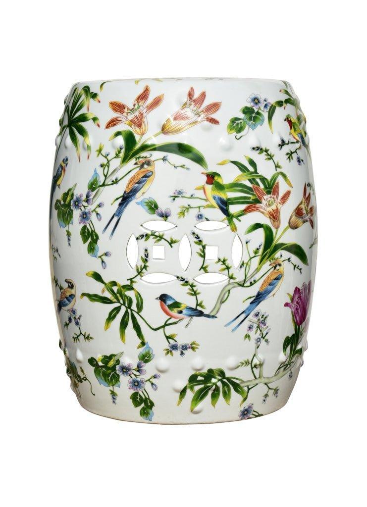 Birds and Lilies Porcelain Garden Seat - Elegant Outdoor Decor for Patio, Garden, and Porch