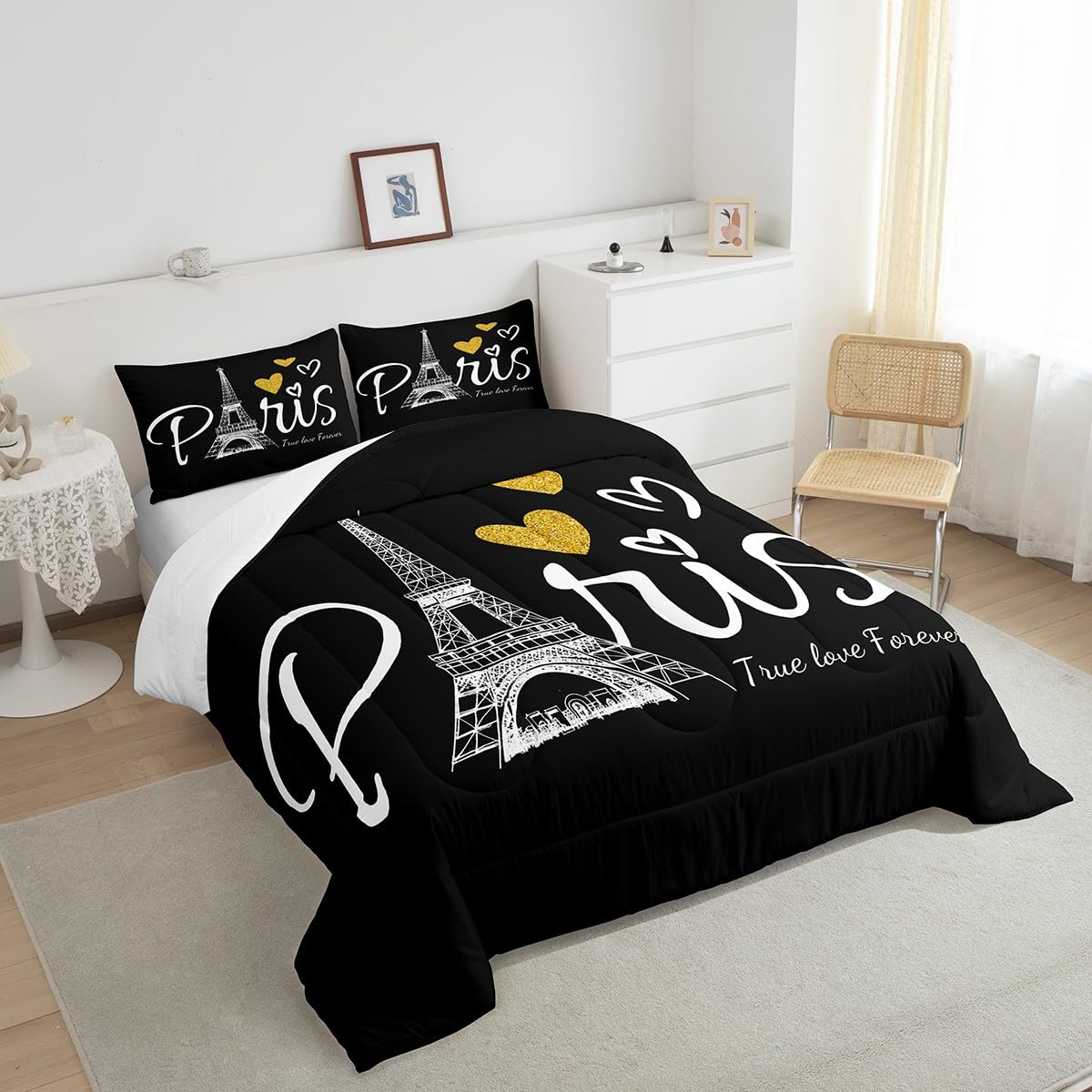 Erosebridal Paris Themed Queen Size Comforter Set - 3 Piece Romantic Eiffel Tower Bedding with Duvet Insert & 2 Pillowcases | Ultra Soft Lightweight Down Alternative Quilt in Black & White | Perfect for Master Bedroom, Guest Room & Parisian Themed Decor