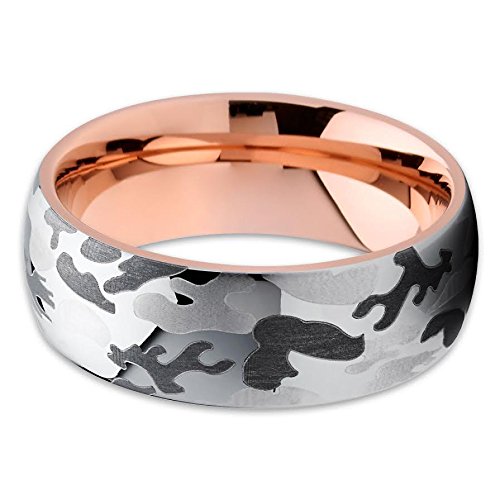 Camouflage Tungsten Wedding Ring - 18k Rose Gold Tungsten Carbide Dome Ring for Men - Comfort Fit Anniversary & Engagement Band - Perfect for Hunters, Outdoor Enthusiasts & Military Style Lovers