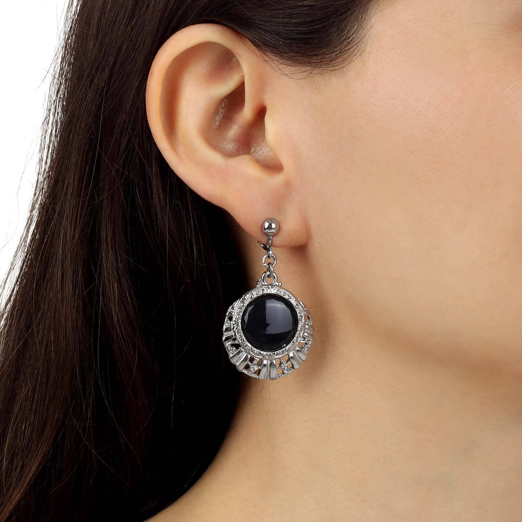 1928 Black Round Stone Textured Clip-On Earrings for Women - Vintage Style Fashion Jewelry for Parties, Weddings & Special Occasions