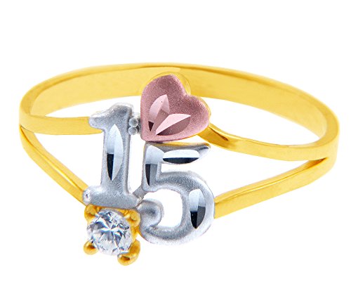 14K Tri-Tone Gold Quinceañera Ring with Rose Gold Heart & Solitaire CZ Stone - Elegant Sweet 15 Birthday Gift for Girls, Perfect for Quinceañera Celebrations & Special Occasions