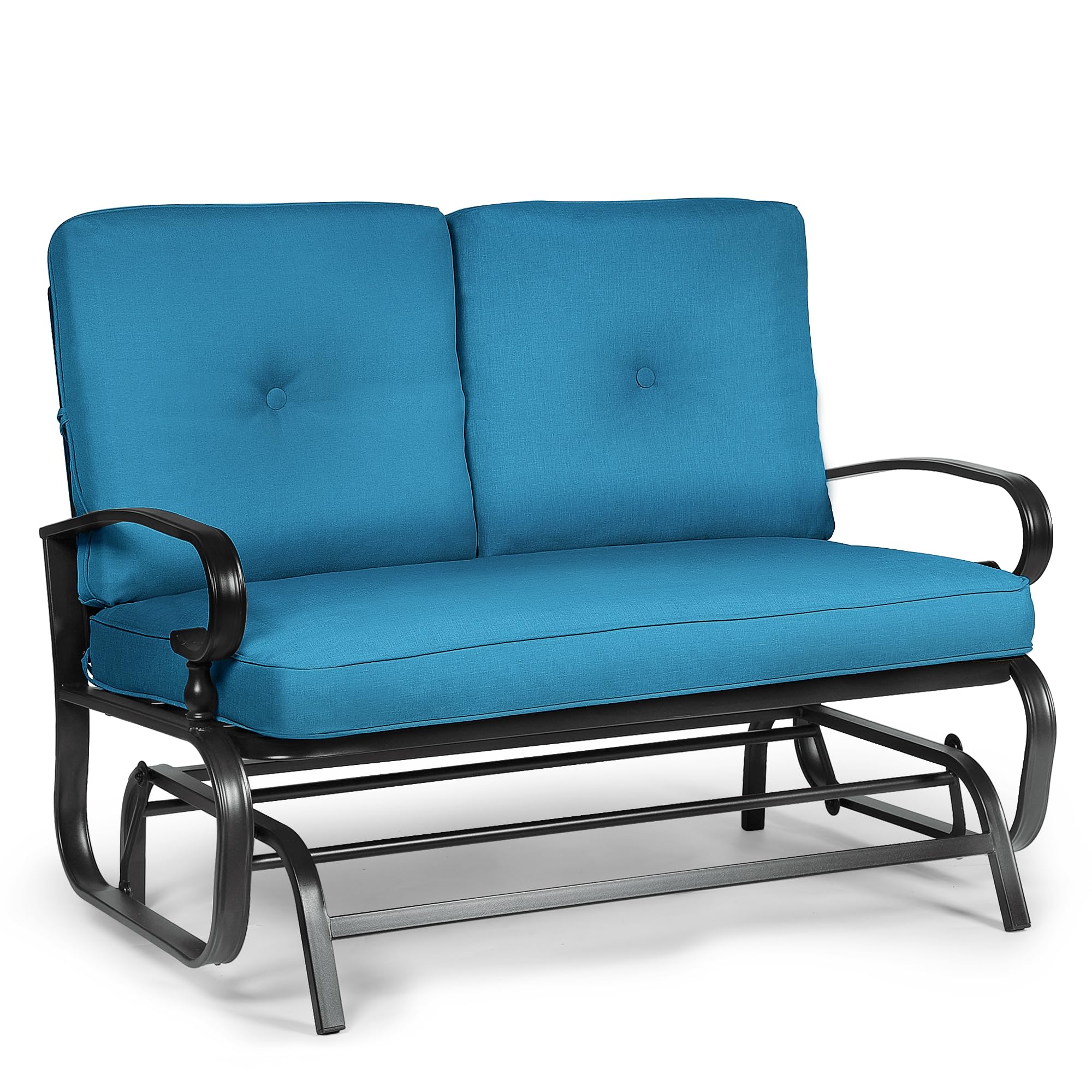 Outdoor Bench Patio Swing Glider Loveseat - 2 Seats Wrought Iron Rocking Chair with Blue Cushion - Perfect for Garden, Backyard, Porch, and Patio Relaxation