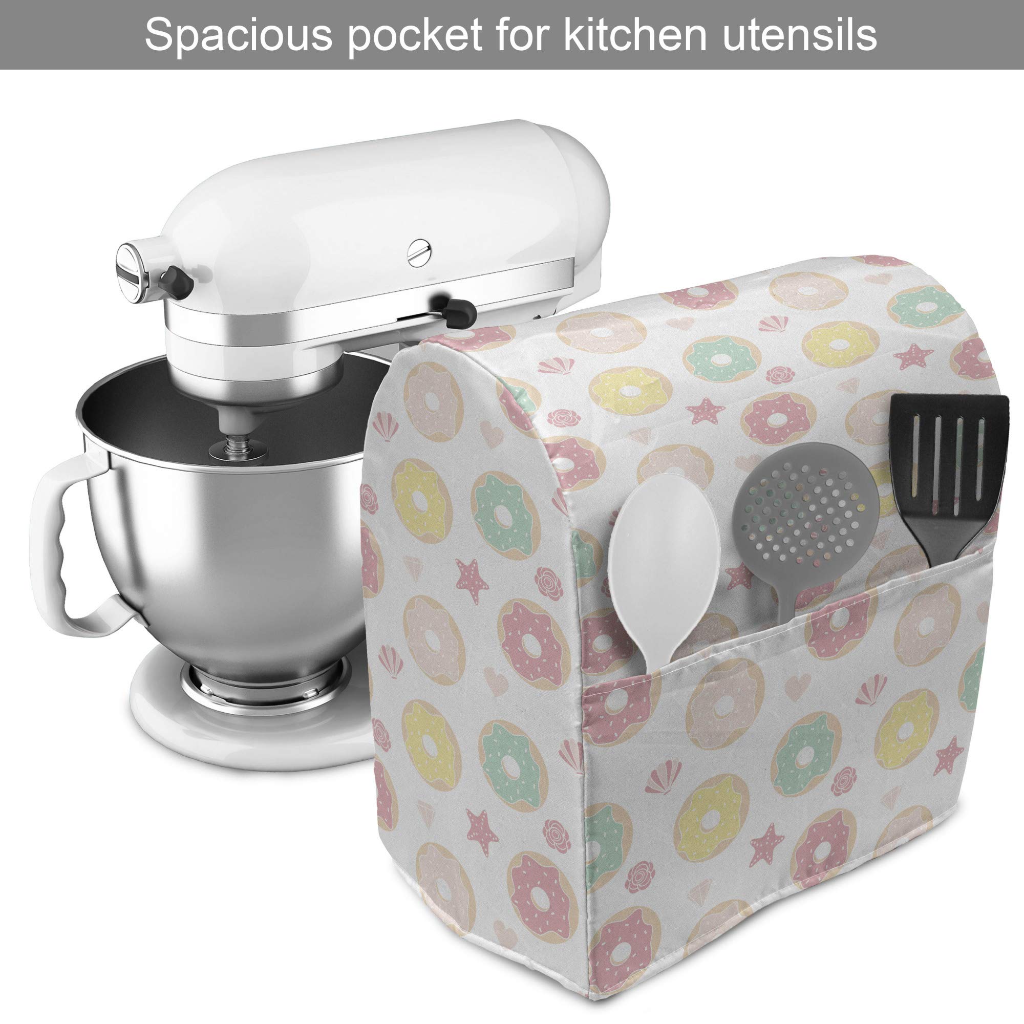 Ambesonne Donut Stand Mixer Cover - Pastel Glazed Bakery Print Kitchen Appliance Organizer with Pocket (Fits 6-8 Quart Mixers, White Multicolor) - Perfect for Baking Enthusiasts & Kitchen Organization