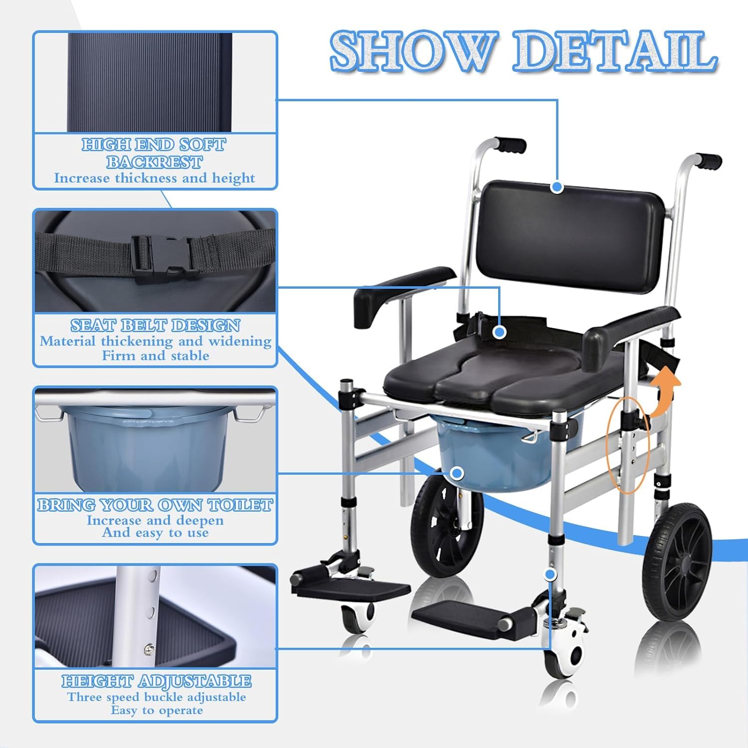 Adjustable Height 4-in-1 Folding Shower Chair with Wheels - Padded Commode Wheelchair with Detachable Bucket, Lifting Armrests & Flip-Up Footrest for Elderly & Disabled - Ideal for Bathroom Safety & Bedside Use (Black)
