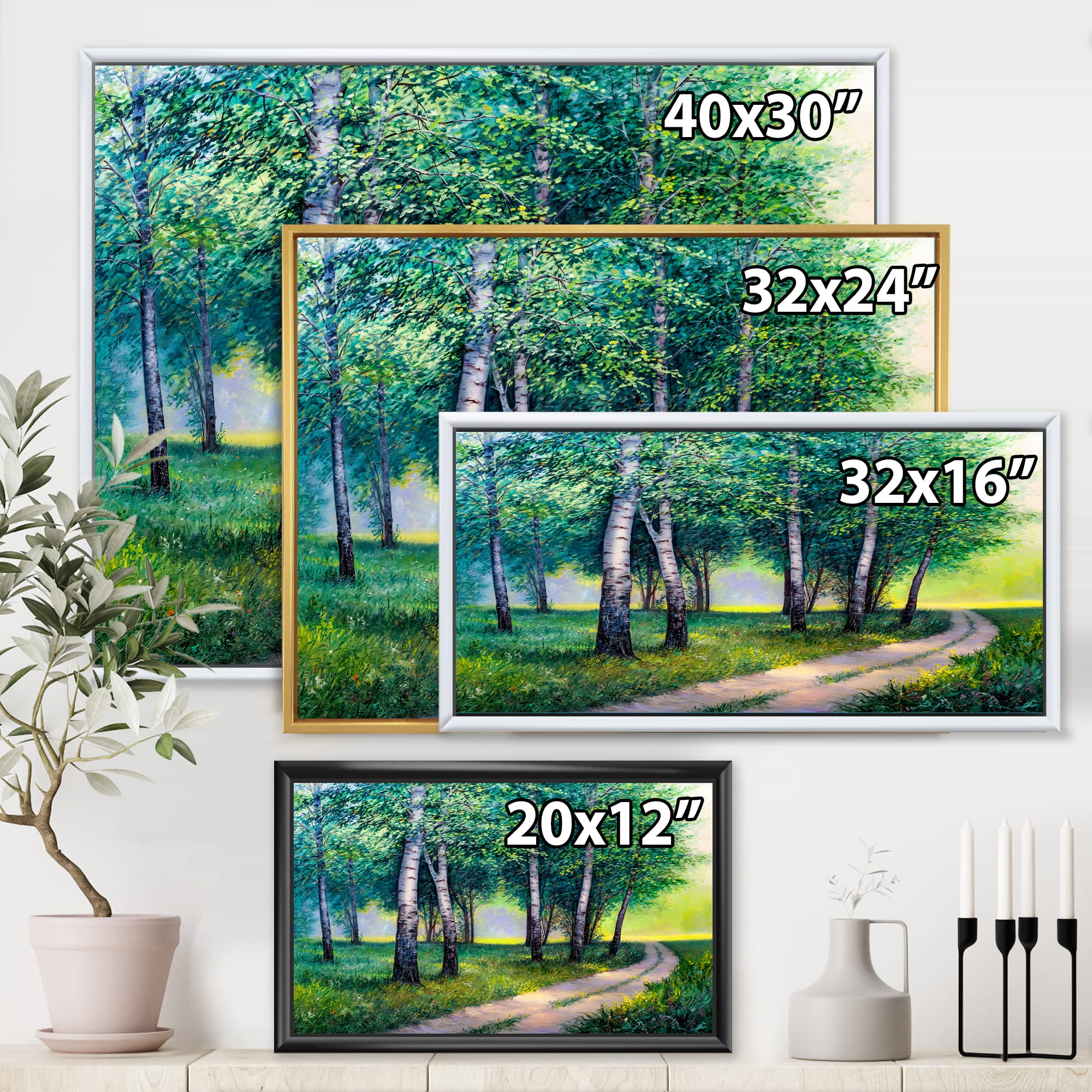DesignQ Summer Forest Road By The Birches - Lake House Framed Canvas Wall Art Print | Nature Landscape Painting for Living Room, Bedroom & Office Decor | Perfect Gift for Home & Holiday