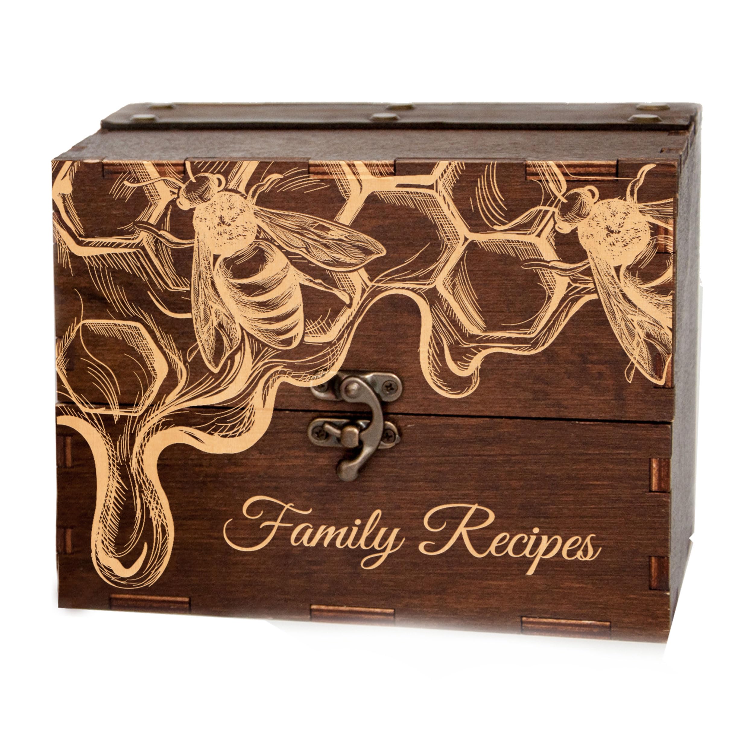 Personalized Wooden Recipe Box with Dividers & Cards - Custom Honeycomb Design Recipe Organizer - 4x6 or 5x7 Recipe Card Storage - Unique Bumble Bee Gift for Sister (Gift Message Option) - Perfect for Kitchen Organization, Wedding Shower Gift & Family Recipe Preservation