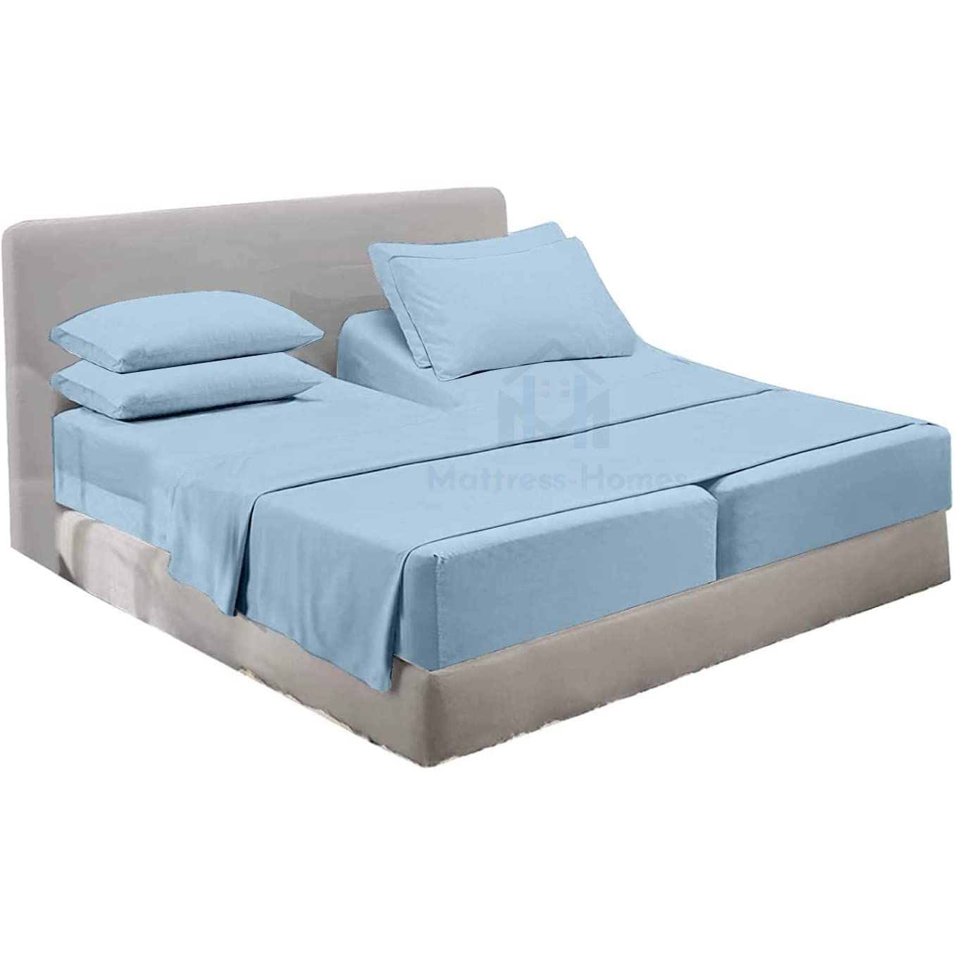 Split King Sheet Set 7-Piece - 100% Long Staple Combed Cotton 600 Thread Count - Light Blue Solid - Fits Adjustable Beds - Ultra Soft Breathable Bedding for Master Bedroom, Guest Room & Luxury Hotels