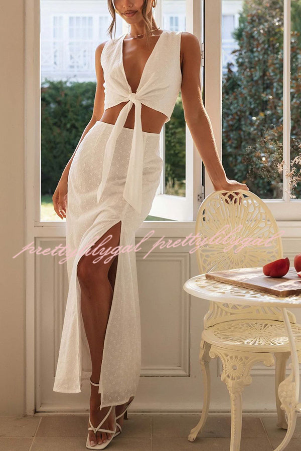 Elegant Solid Color Hollow Embroidery V-Neck Lace-Up Top & High Slit Maxi Skirt Set - Women's Summer Boho Outfit for Beach, Party & Date Night