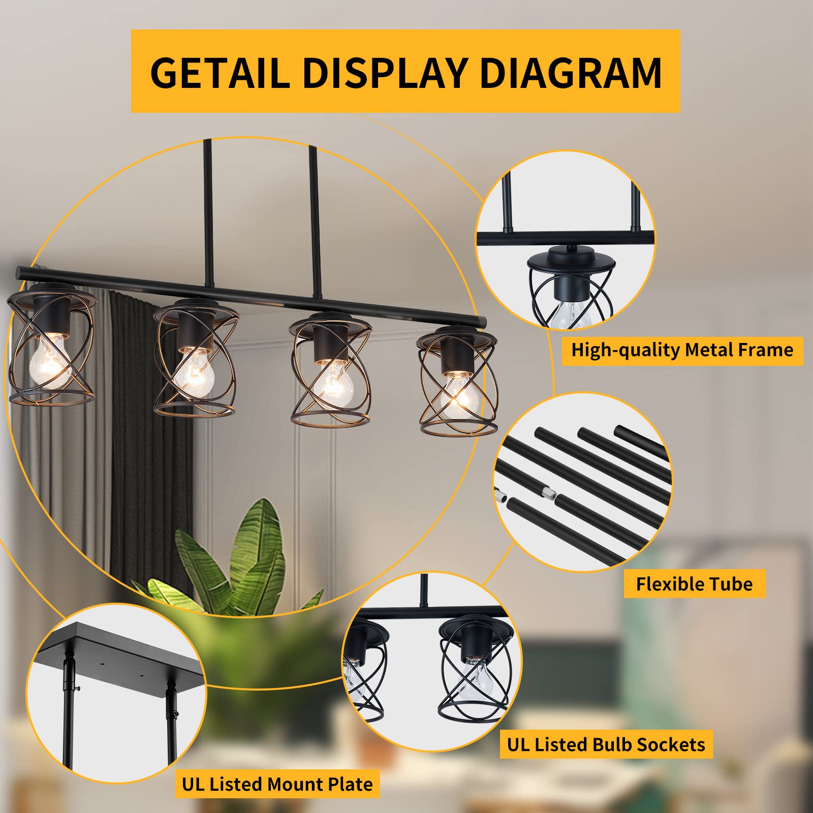 Farmhouse Linear Pendant Light - 4-Light Adjustable Kitchen Island Lighting Fixture, Black Metal Hanging Chandelier for Dining Room & Living Room | Perfect for Kitchen Islands, Breakfast Bars, and Open Concept Spaces