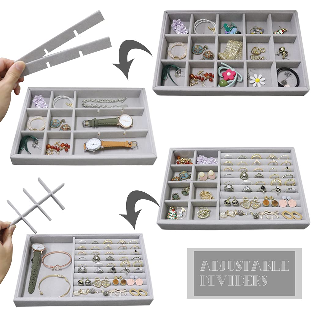 Stackable Velvet Jewelry Organizer Trays - 4-Piece Set for Earrings, Rings, Necklaces, Bracelets & Watches | Gray Jewelry Drawer Inserts & Display Case | Perfect for Bedroom Vanity, Travel & Gift Giving