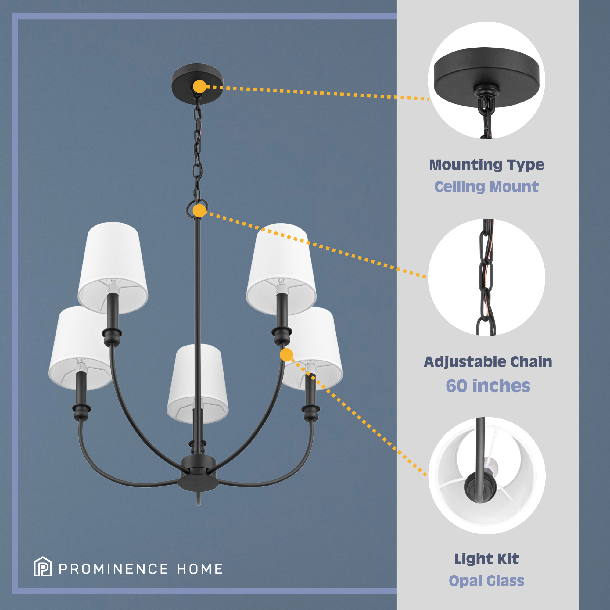 5-Light Billet Chandelier in Matte Black with Fabric Shades - Perfect for Dining Room, Living Room, and Bedroom Lighting
