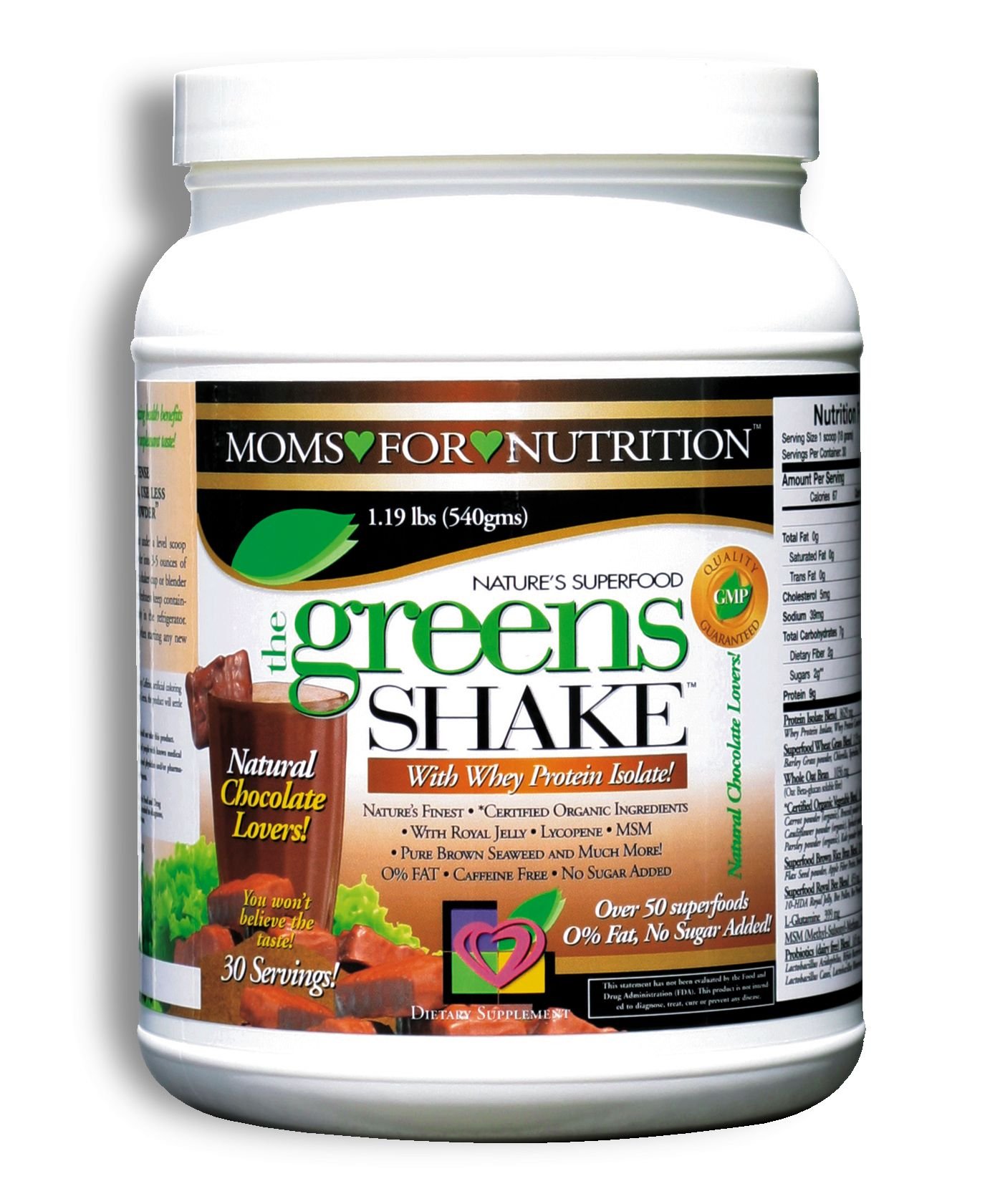 Organic Greens Shake Protein Powder by Moms for Nutrition - Low Calorie Fat Free Protein Isolate with 50+ Superfoods & Digestive Enzymes, Natural Chocolate Flavor, 30 Servings (1.19lb) - Perfect for Post-Workout Recovery & Healthy Meal Replacement