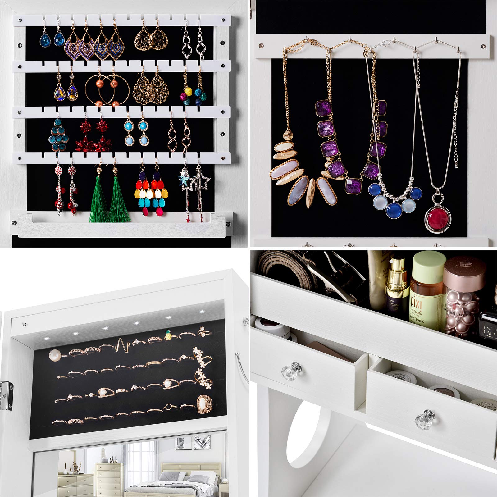 6 LED Jewelry Mirror Armoire Organizer - Lockable Standing Jewelry Cabinet with Full-Length Dressing Mirror, Large Storage Capacity & 3 Adjustable Angles, White - Perfect for Bedroom, Closet & Vanity Organization