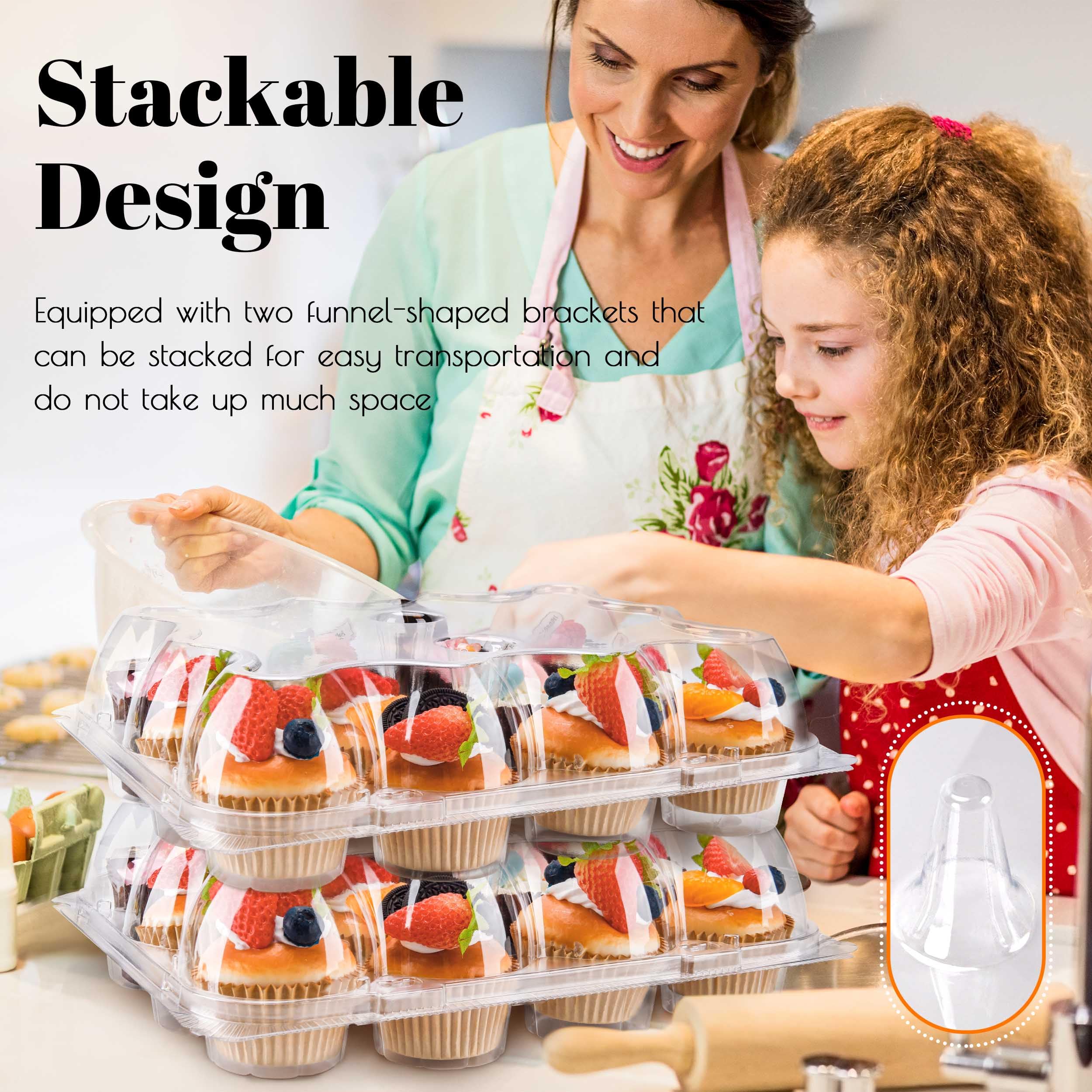 12 Pack Stackable Plastic Cupcake Containers with Detachable Tall Dome Lids & 144 Liners - BPA Free Standard Size for Baking, Parties, and Gift Packaging