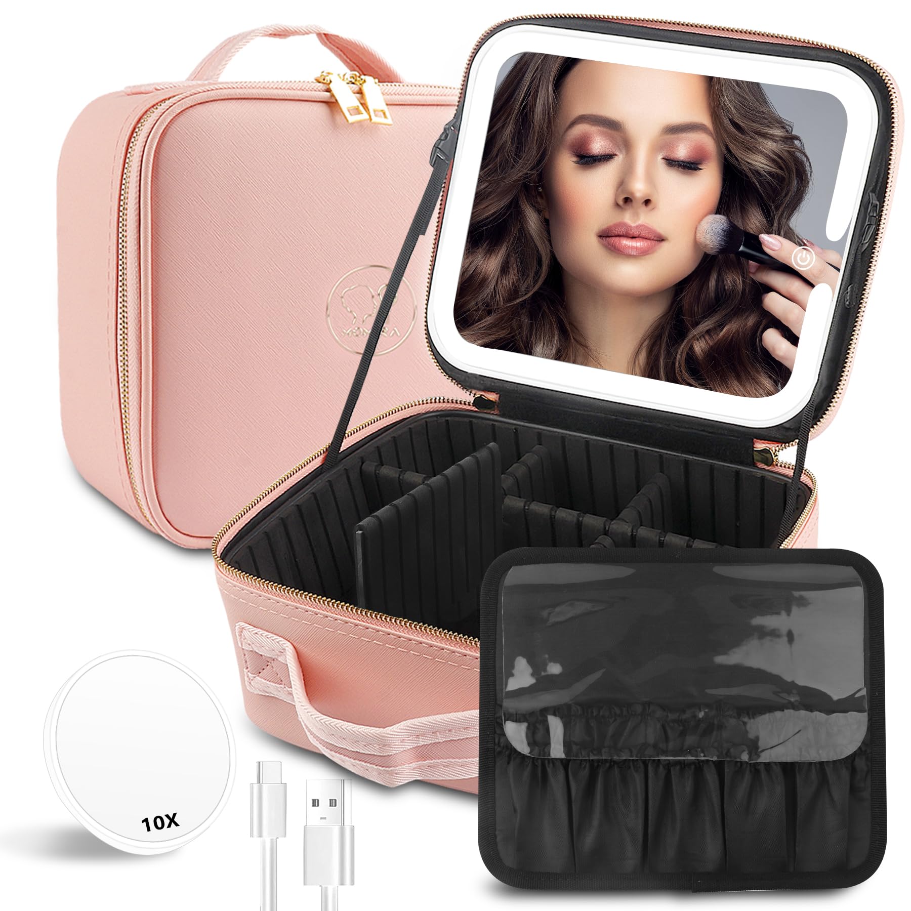 MOMIRA Professional Makeup Train Case with LED Light & Magnifying Mirror - Large Cosmetic Organizer with Double-Sided 1X/10X Foldable Mirror, Pink Jewelry Storage Box - Perfect for Travel, Salon, and Home Vanity Organization