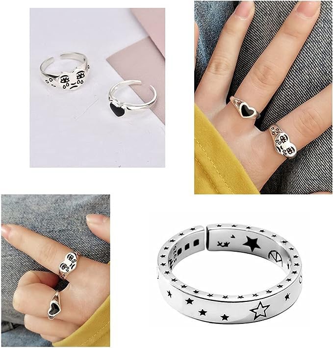 16 Pcs Silver Plated Frog Open Rings Set - Vintage Matching Couple Rings for Women & Men - Cute Snake, Hug, Moon & Sun Jewelry - Perfect for Gifts, Parties & Everyday Wear