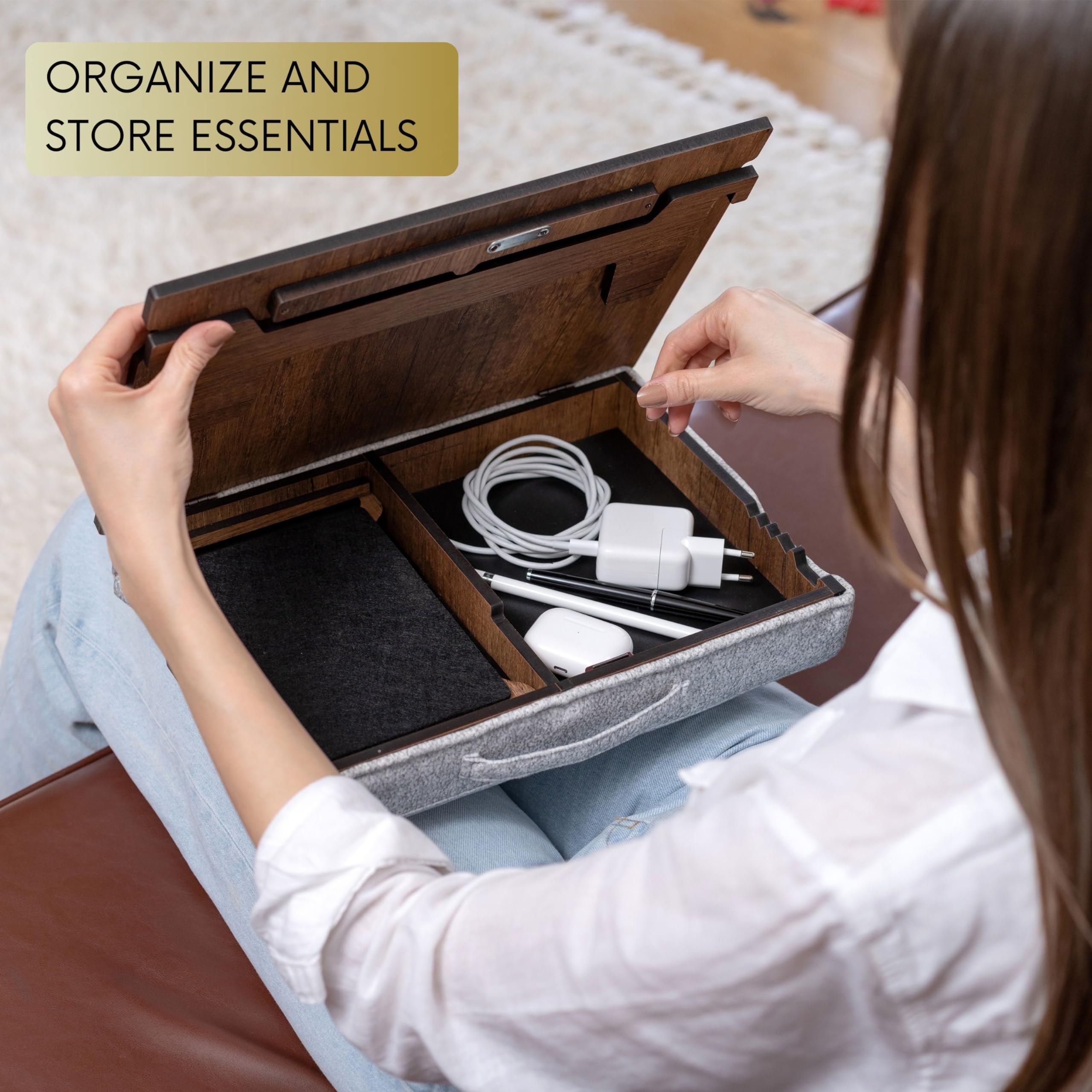 Adjustable Wooden Laptop Tray with Cushion - Portable Lap Desk for Bed, Sofa & Home Office - Ergonomic Bed Table for Work, Study & Gaming - Walnut Finish (Perfect for Remote Work, Online Classes & Cozy Workspaces)