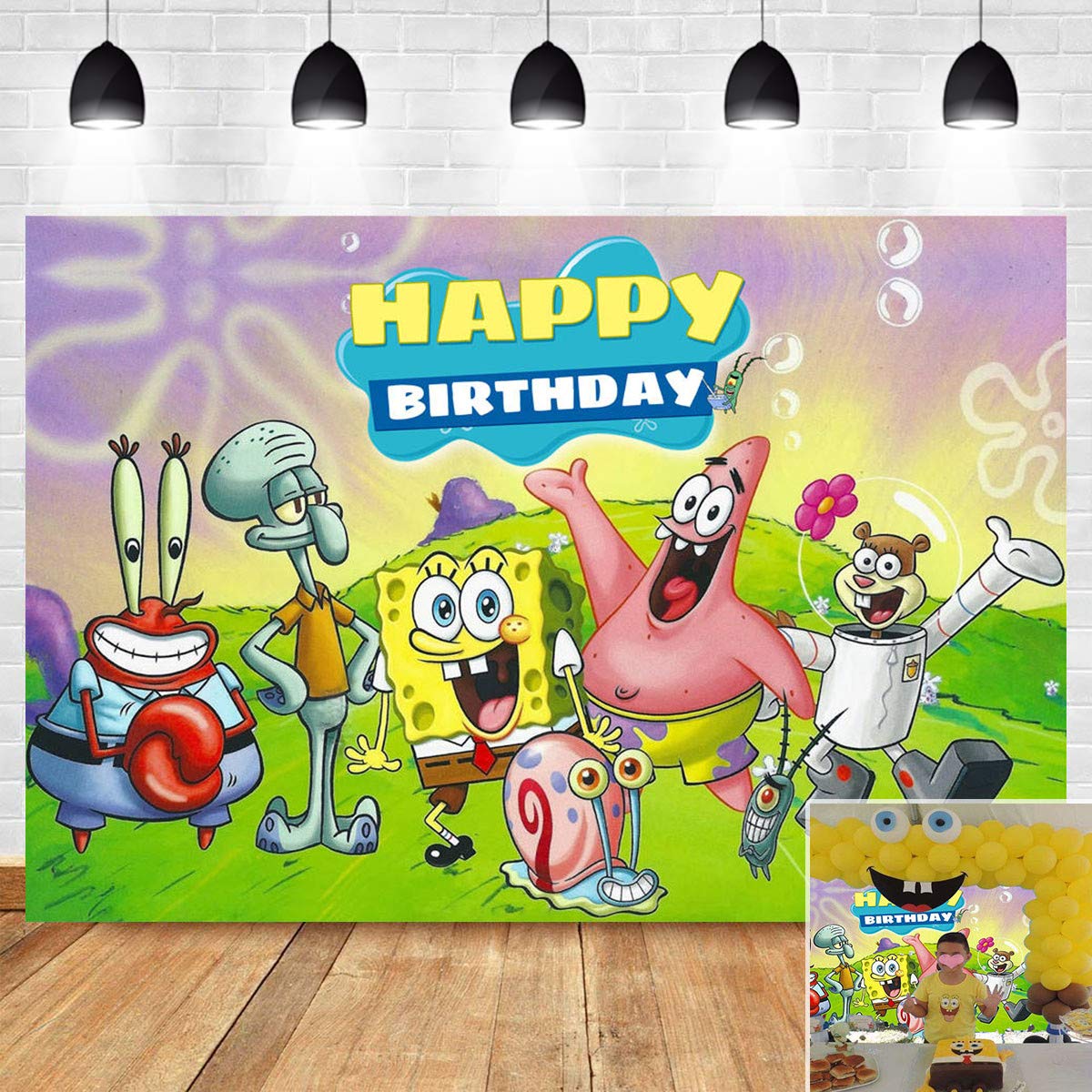 Patrick Star Spongebob Cartoon Animal Photography Backdrop - 7x5ft Vinyl Photo Booth Background for Kids 1st Birthday Party, Baby Shower, Cake Table Decorations & Studio Props - Durable Happy Birthday Banner for Children's Party Decor