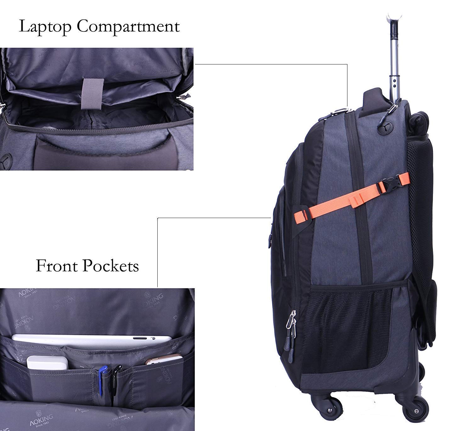 AOKING 20/22 Inch Waterproof Rolling Backpack with Laptop Compartment - Wheeled Carry-On Travel Bag for Business Trips, College Students & Airplane Use
