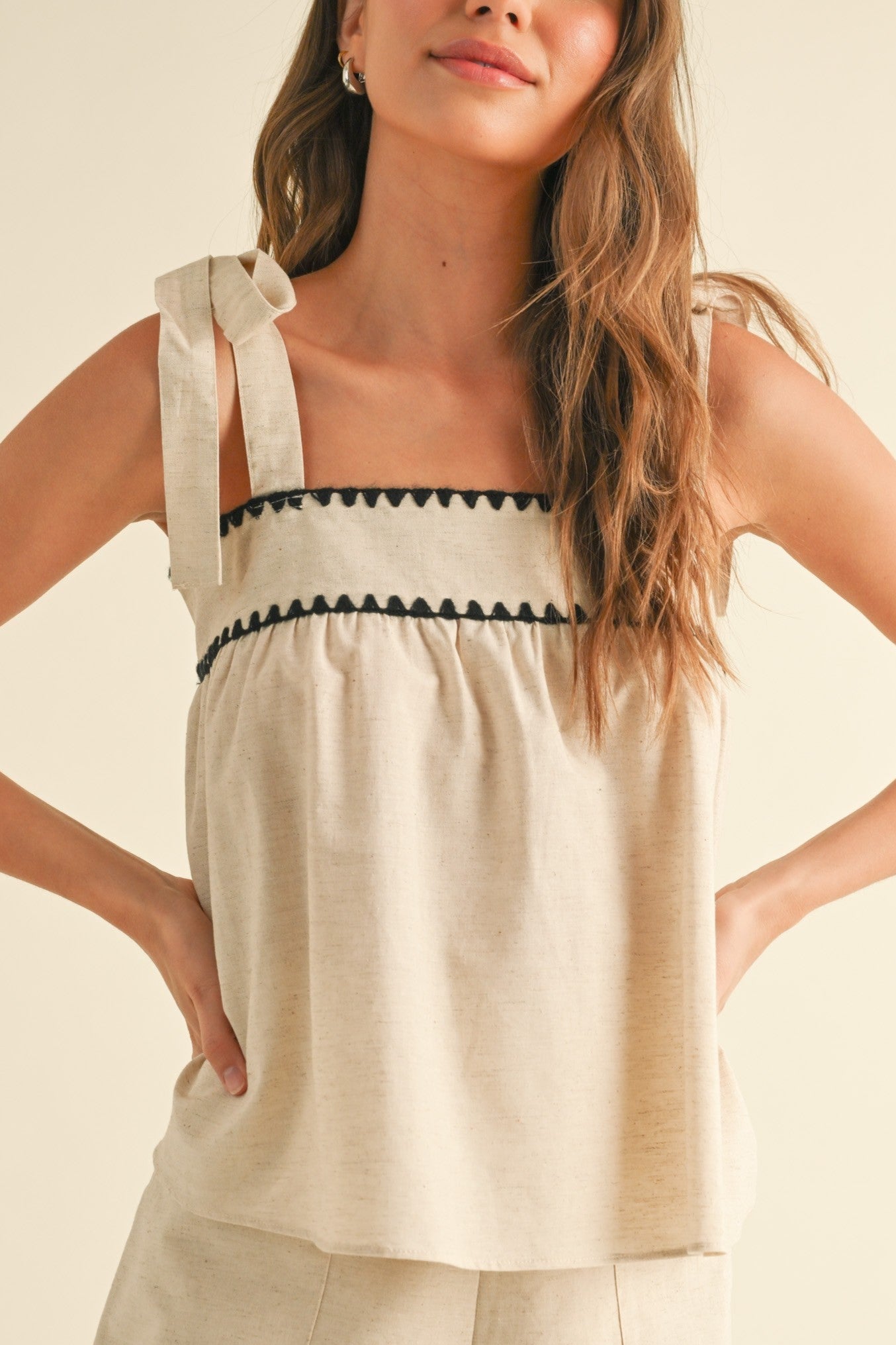 Wavy Baby Trim Linen Top for Women - Soft Breathable Black Blouse | Perfect for Summer, Beach Vacations & Casual Outings
