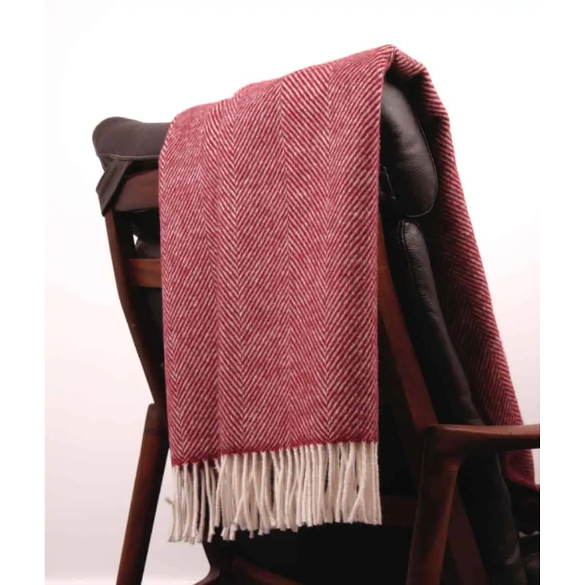 Premium 100% Pure New Wool Herringbone Throw Blanket - Crimson Red & White - 190cm x 130cm (75