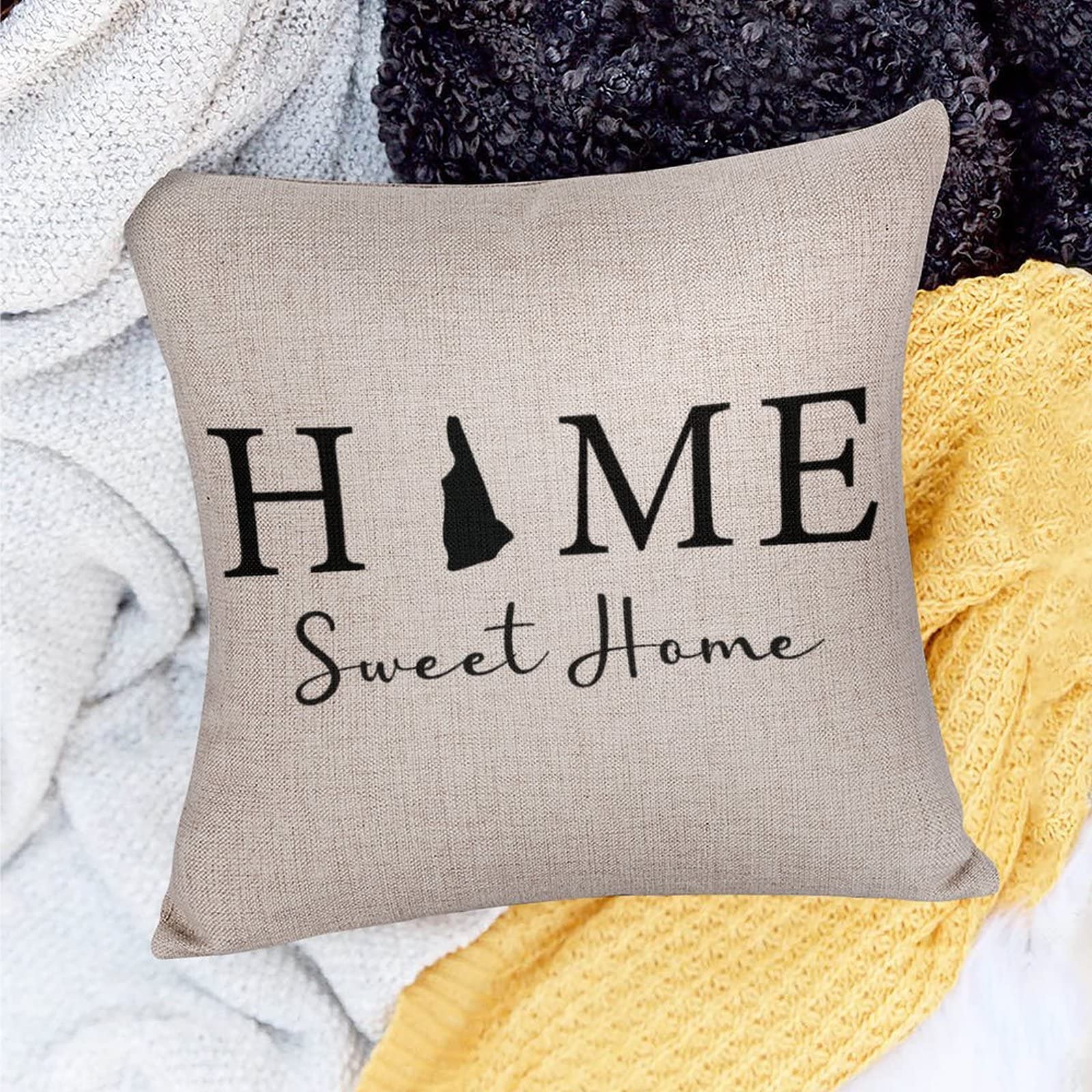 16x16 Inch Farmhouse Style Pillow Covers - New Hampshire State Map Design with 'Home Sweet Home' Text - Decorative Throw Pillow Cases for Couch, Bed & Seasonal Decor | Perfect for Living Room, Bedroom & Holiday Home Decor