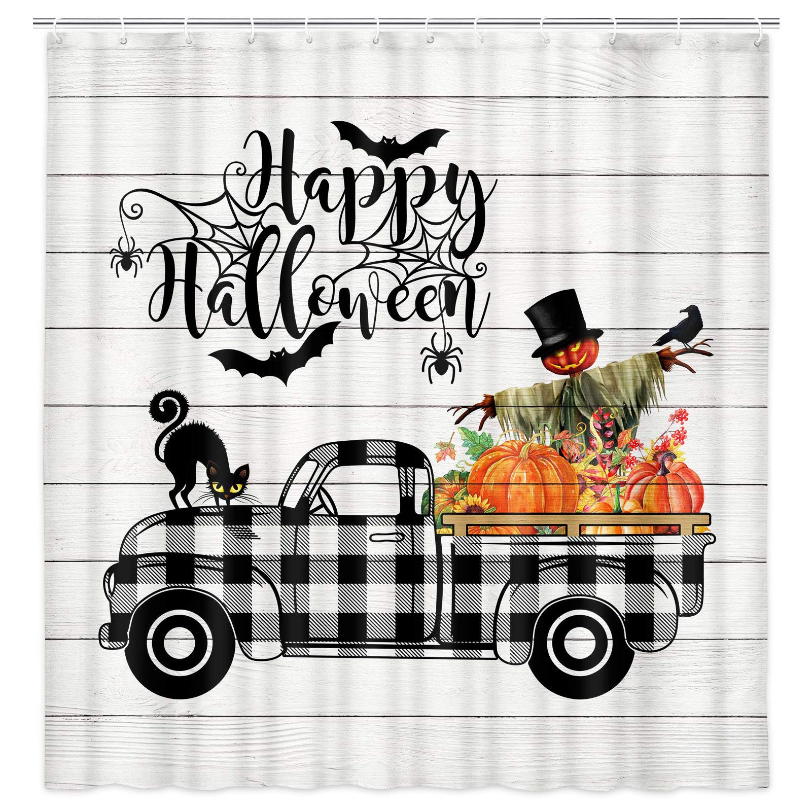 Halloween Shower Curtain - Black Cat & Buffalo Plaid Design with Pumpkin & Sunflower Patterns, Rustic Wooden Look for Autumn & Thanksgiving Decor (70 inches) - Perfect for Farmhouse Bathroom, Fall Themed Decorations and Seasonal Home Styling