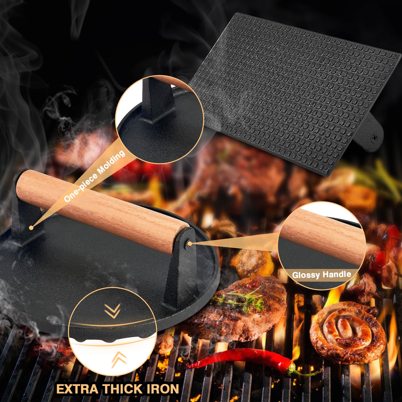 2Pcs Cast Iron Burger Press Set (Rectangular & Round) - Heavy Duty Smash Grill Press for Hamburgers, Steak & Bacon - Professional BBQ & Teppanyaki Cooking Accessories - Perfect for Grilling, Panini Press & Outdoor Cooking