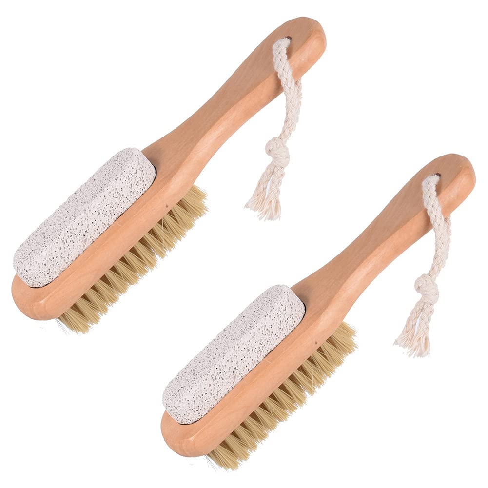 2-Piece Natural Bristle Foot Brush & Pumice Stone Combo - Double-Sided Wooden Callus Remover & Exfoliator for Pedicures - Perfect for At-Home Foot Care & Spa Treatments