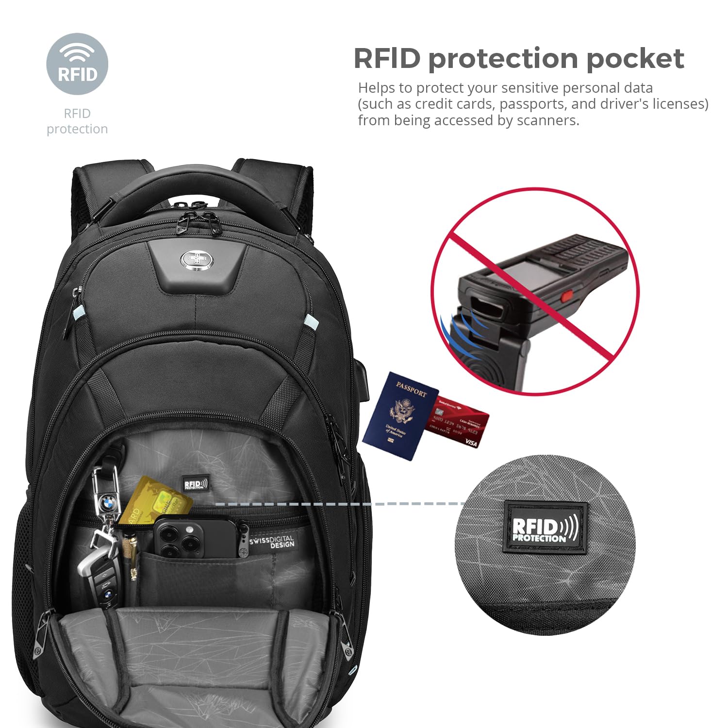 Swissdigital Men's Travel Laptop Backpack - Large Capacity TSA Approved USB Charging RFID Protection Business Backpack for College & Work - Fits 17 Inch Laptops (Black) | PIXEL PRO - Perfect for Business Trips, Commuting & Daily Office Use