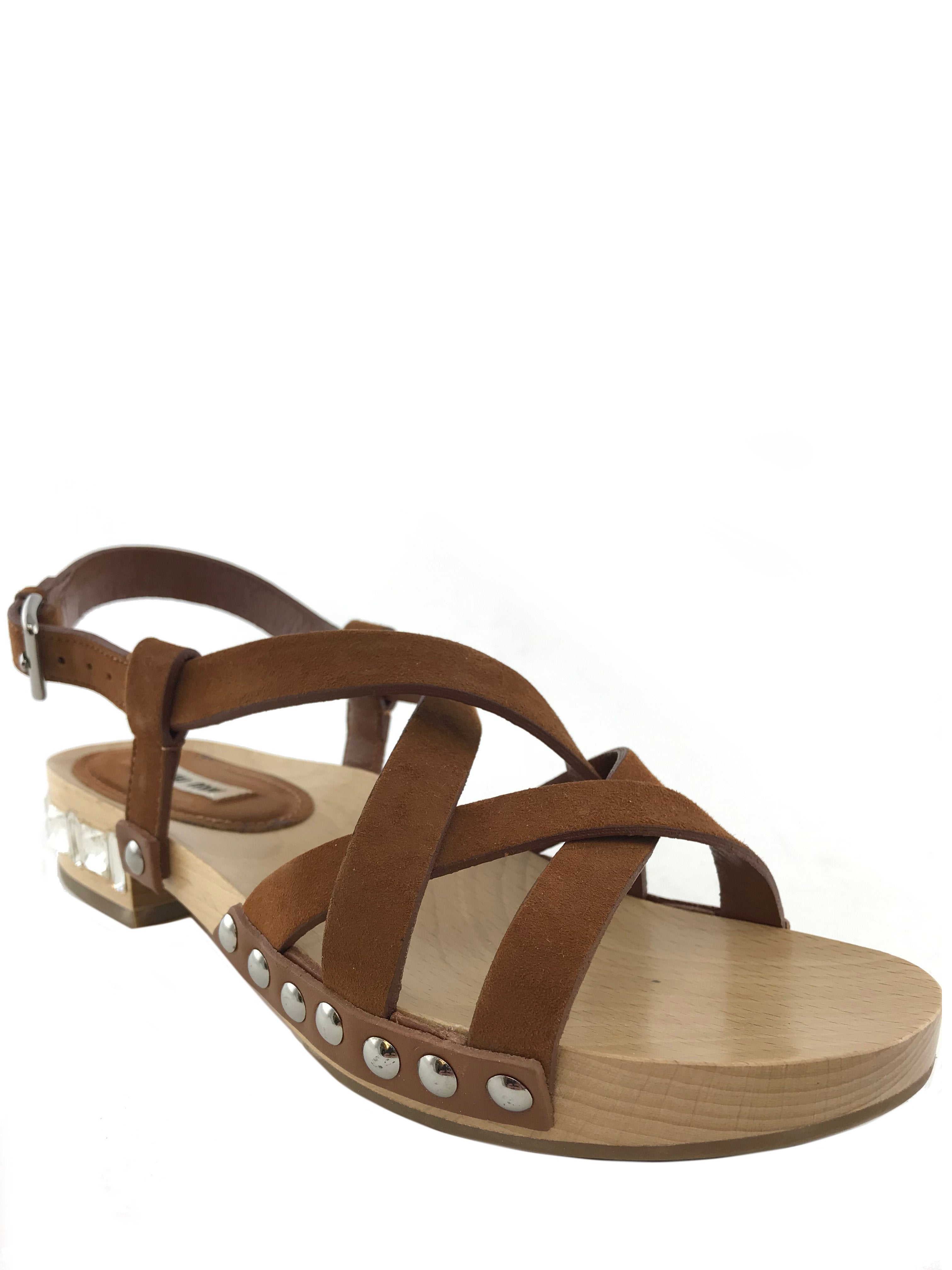 Miu Miu Women's Size 6.5 Leather Studded Strappy Heel Sandals with Jeweled Details - Perfect for Evening Parties, Weddings & Special Occasions