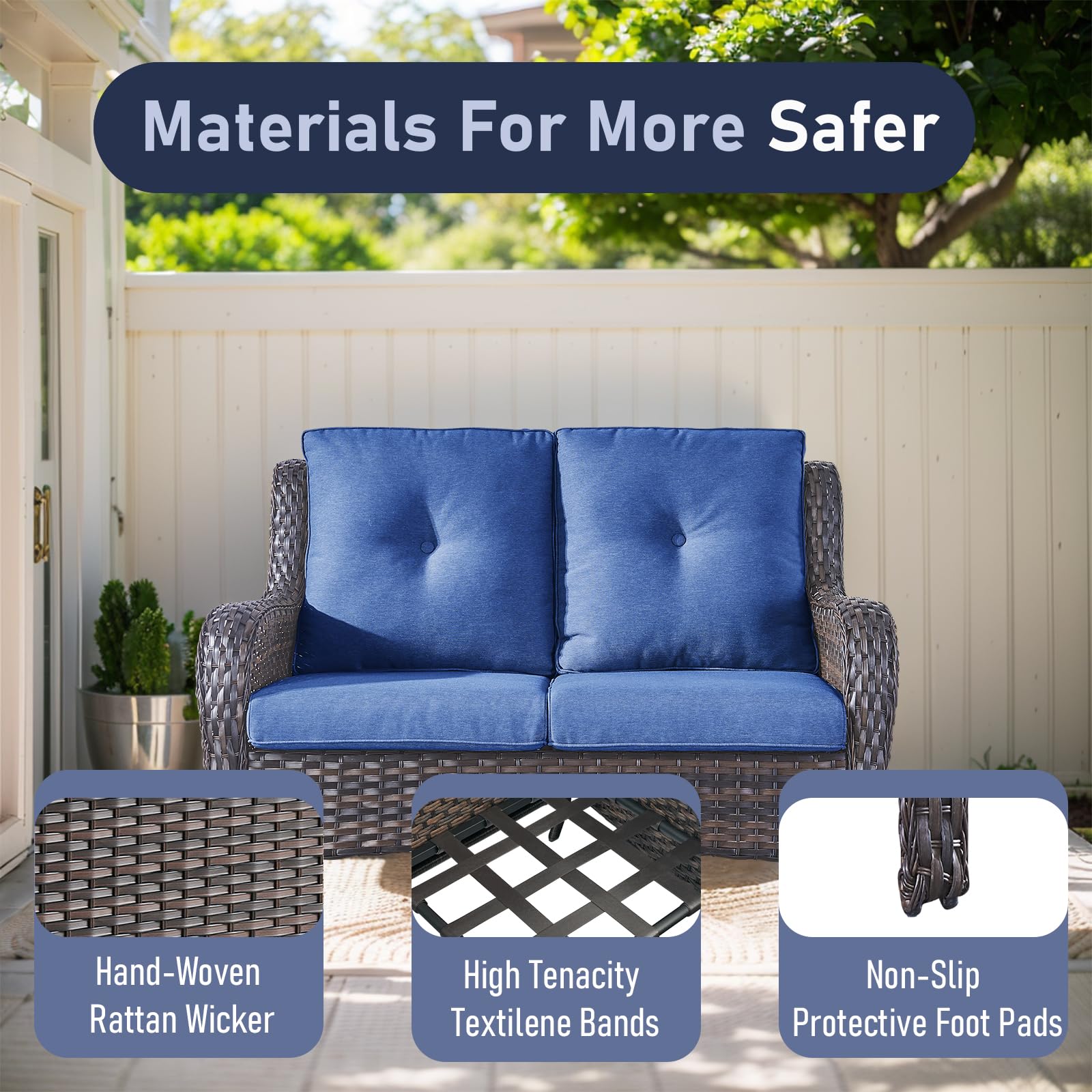 Outdoor Loveseat Sofa - 2 Seater Rattan Wicker Patio Couch with High Back - Brown/Blue - Perfect for Porch, Deck, Backyard, Garden & Outdoor Relaxation