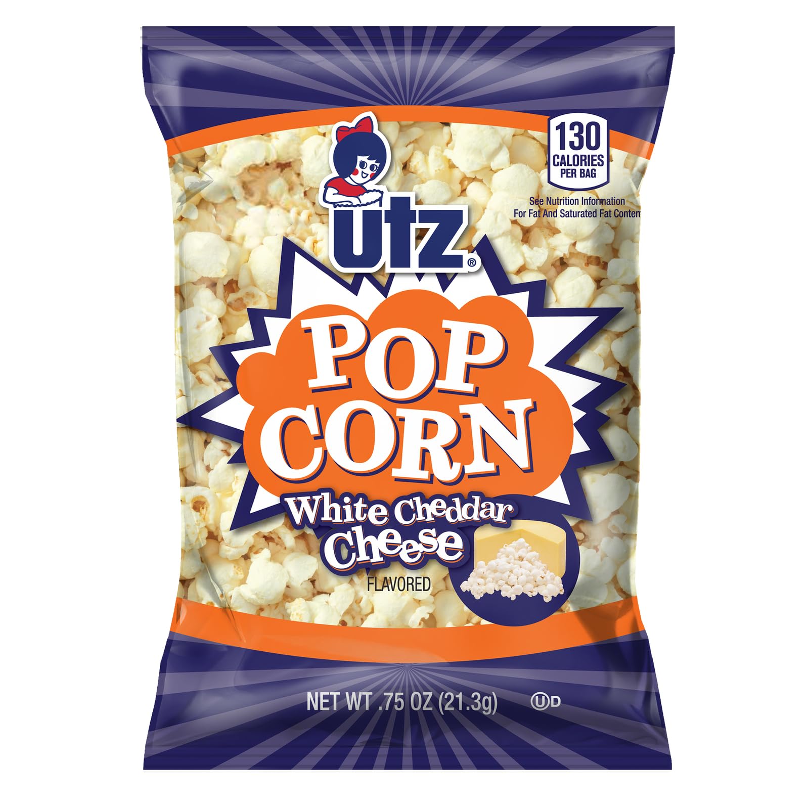 Utz White Cheddar Popcorn - 60 Count (0.75 oz Bags) | Baked with Real Cheese, Gluten Free, Cholesterol Free Snacks | Perfect for Office, School Lunch & Movie Nights