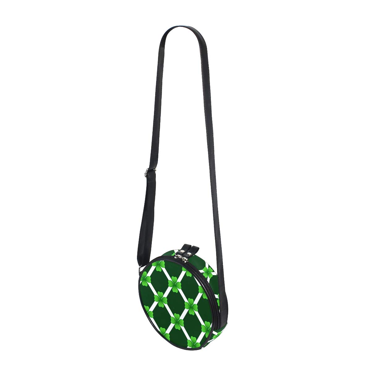 Stylish Green Shamrock Diamond Canvas Crossbody Bag for Women - Round Shoulder Purse with Black Background, Perfect for Beach Outings & Casual Daily Use