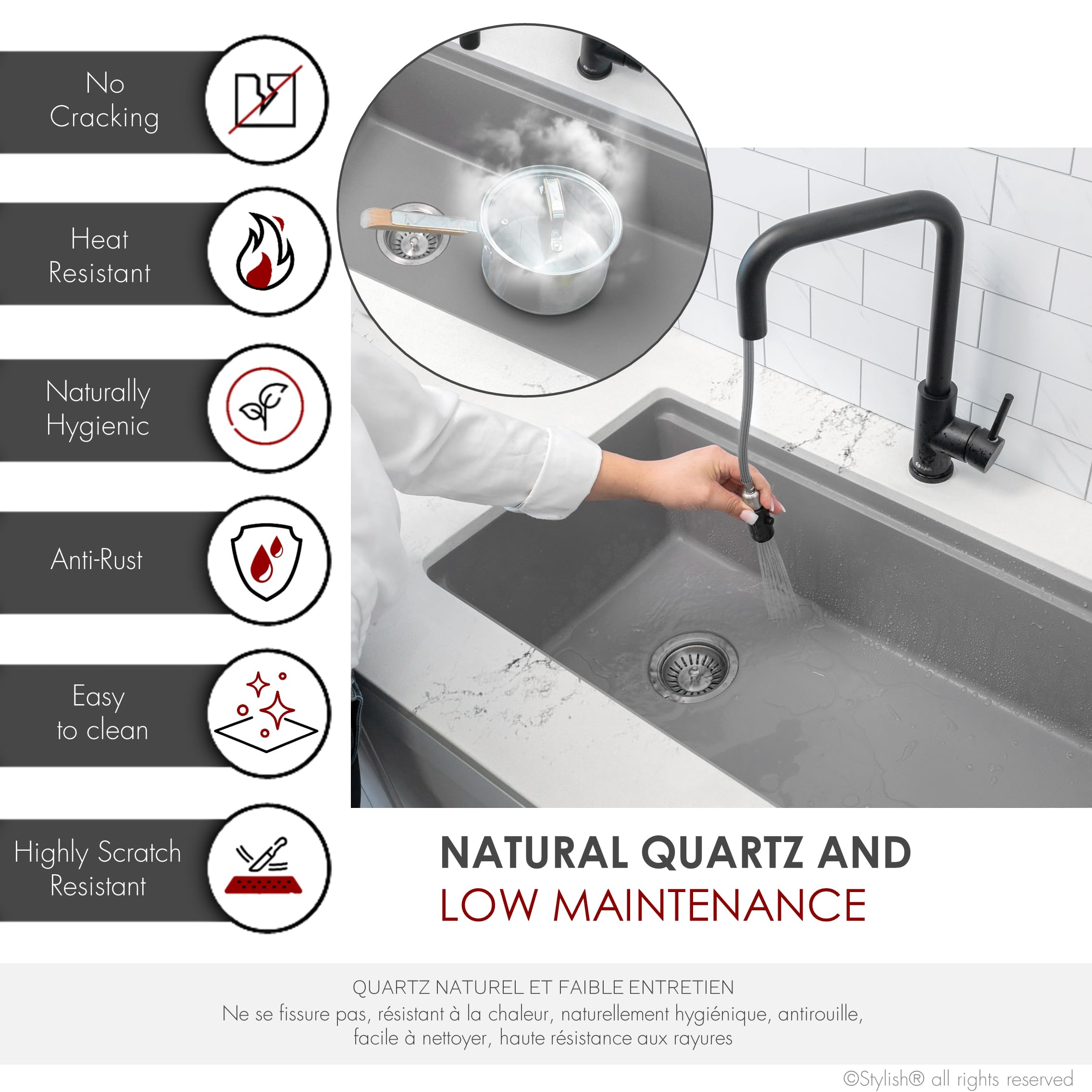 32 x 18 Inch Drop In or Undermount Kitchen Sink - Single Bowl Granite Composite Reversible Workstation with Strainer, Colander, Drying Rack & Cutting Board - Perfect for Modern Kitchens & Food Prep (Grey, S-832WL)
