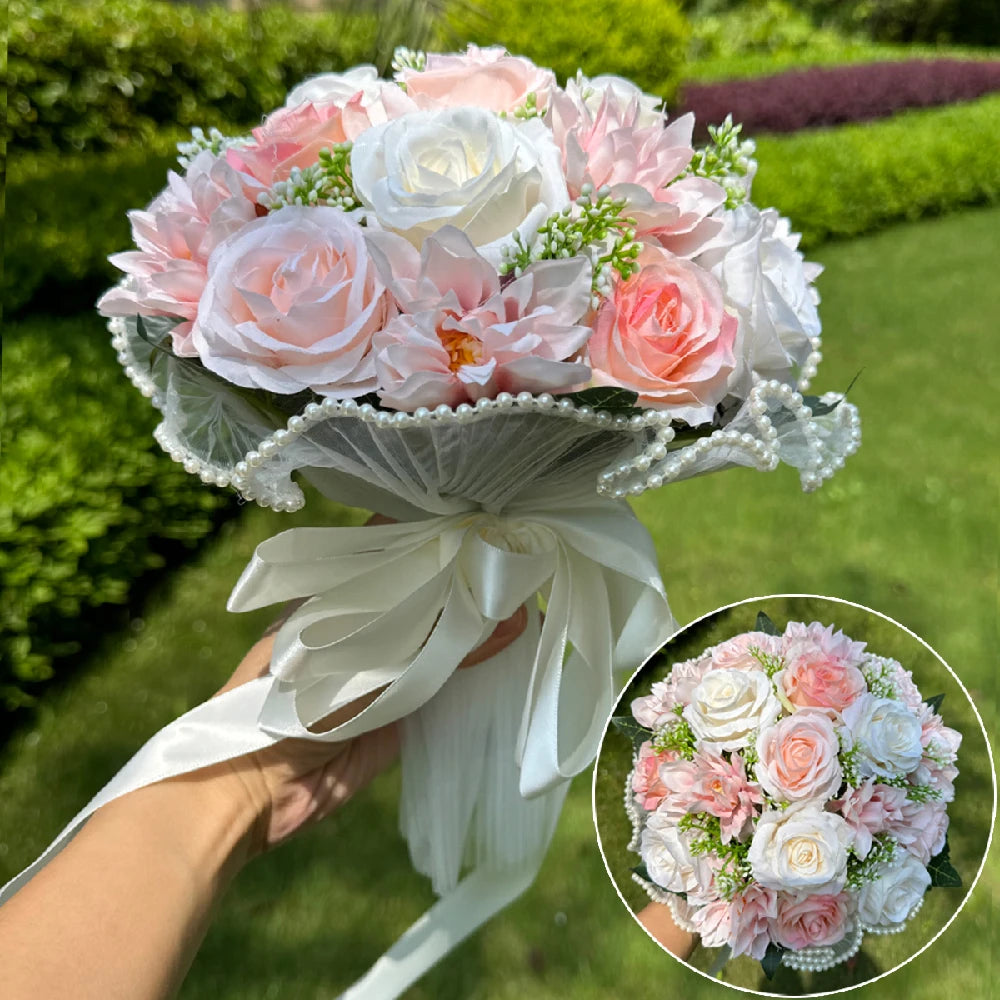 Elegant Silk Rose Bridal Bouquet with Pearl & Lace Accents - Perfect for Weddings, Bridesmaids & Anniversary Celebrations