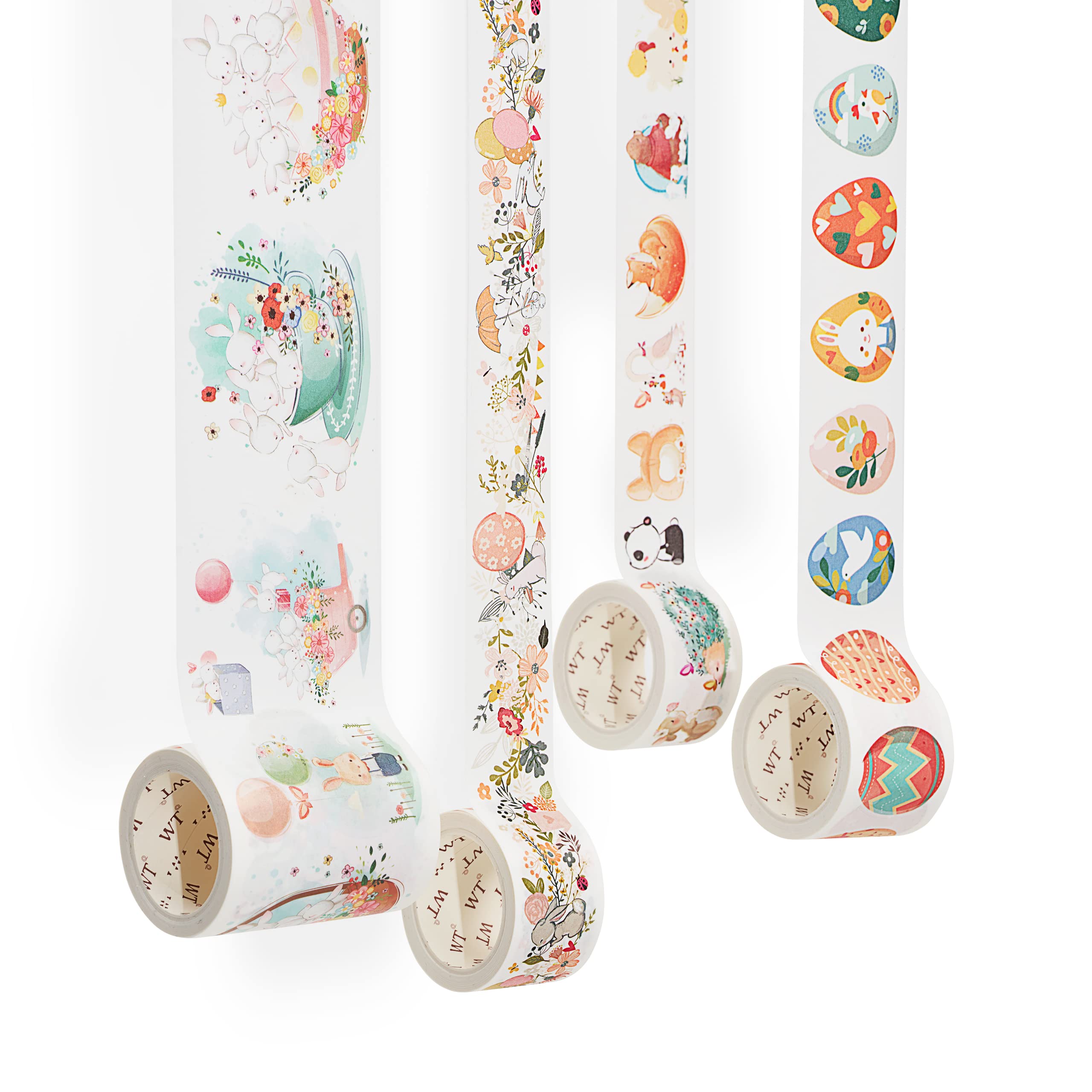 WT Spring Festivity Washi Tape Sticker Set - 4 Rolls Pastel Decorative Stickers with Rabbit & Flower Designs for Bullet Journaling, DIY Crafts, Scrapbooking, Planner Decorations & Gift Wrapping