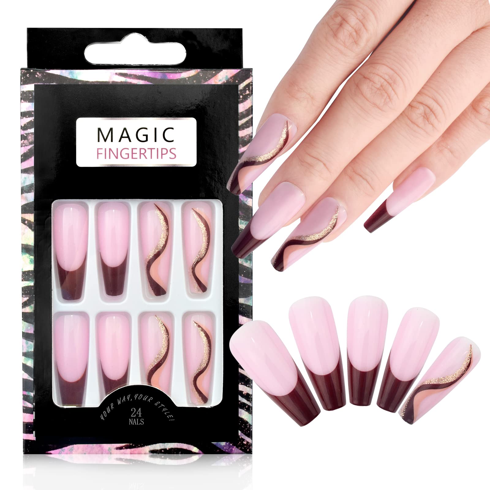 24 Pcs Long Press on Nails - Nude Blue Ribbon Sweet Heart Coffin Fake Nails with Glossy Finish | Includes Nail Glue & Adhesive Tabs | Perfect for Nail Art, Parties, Weddings & Special Occasions (Pink Brown Red, T09-06)