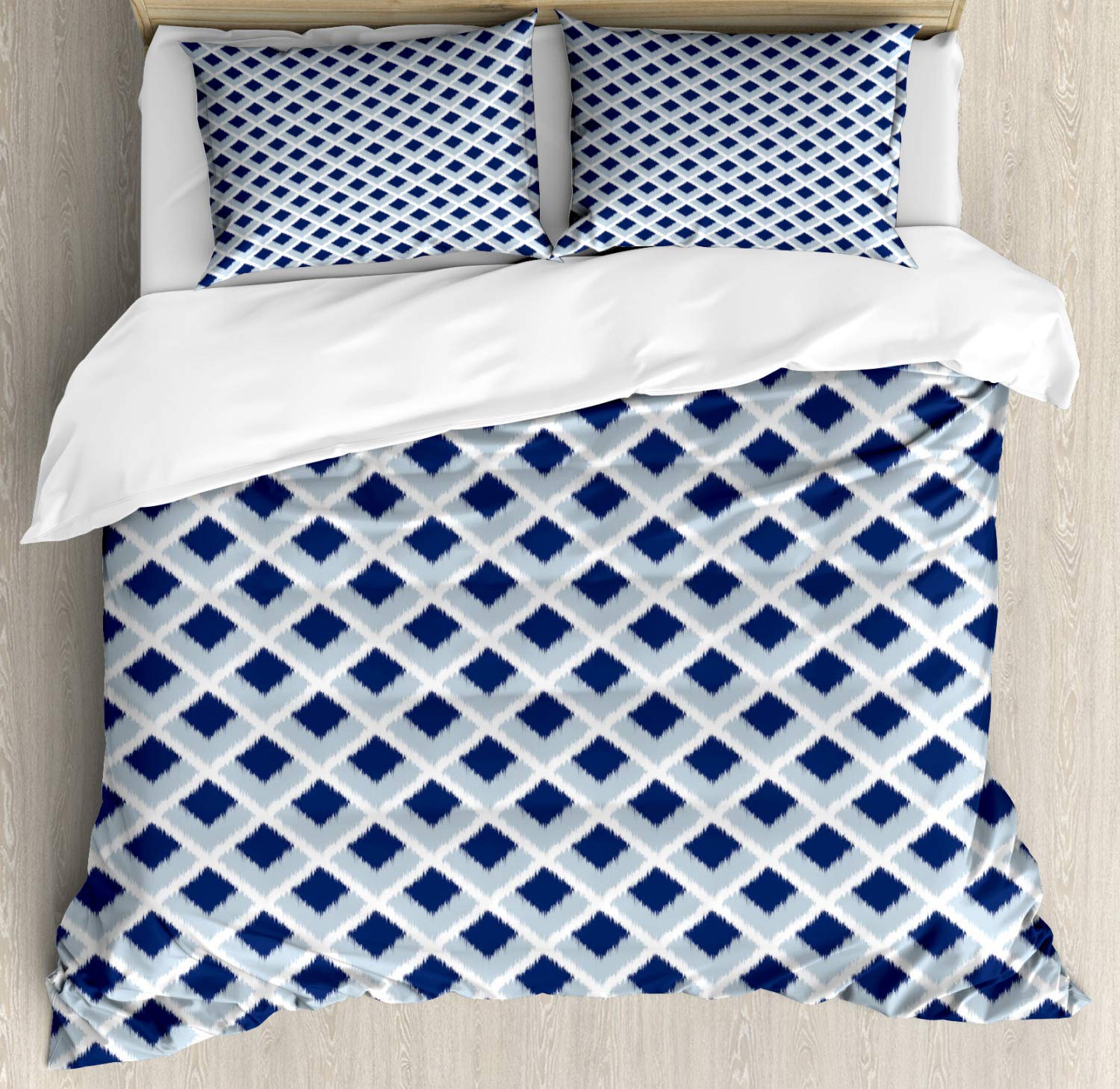 Ambesonne Ikat Duvet Cover Set - Blue & Navy Ethnic Pattern 3-Piece Bedding Set with 2 Pillow Shams, California King Size | Traditional Modern Style for Master Bedroom, Guest Room & Bohemian Home Decor