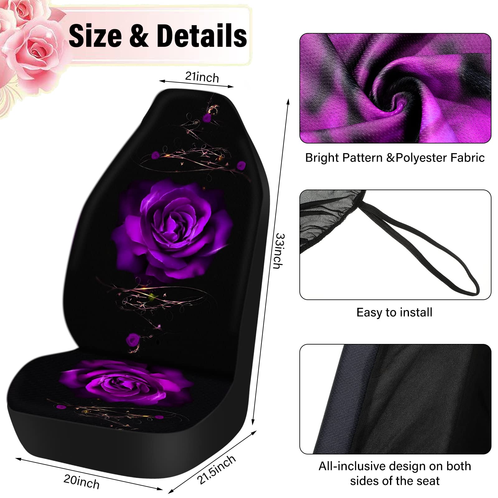15-Piece Rose Flower Car Seat Cover Set for Women - Universal Fit with Steering Wheel, Armrest & Seatbelt Covers - Front & Rear Backrest Protectors - Soft Polyester Fabric (Purple) - Perfect for Daily Commute, Road Trips & Car Interior Decoration
