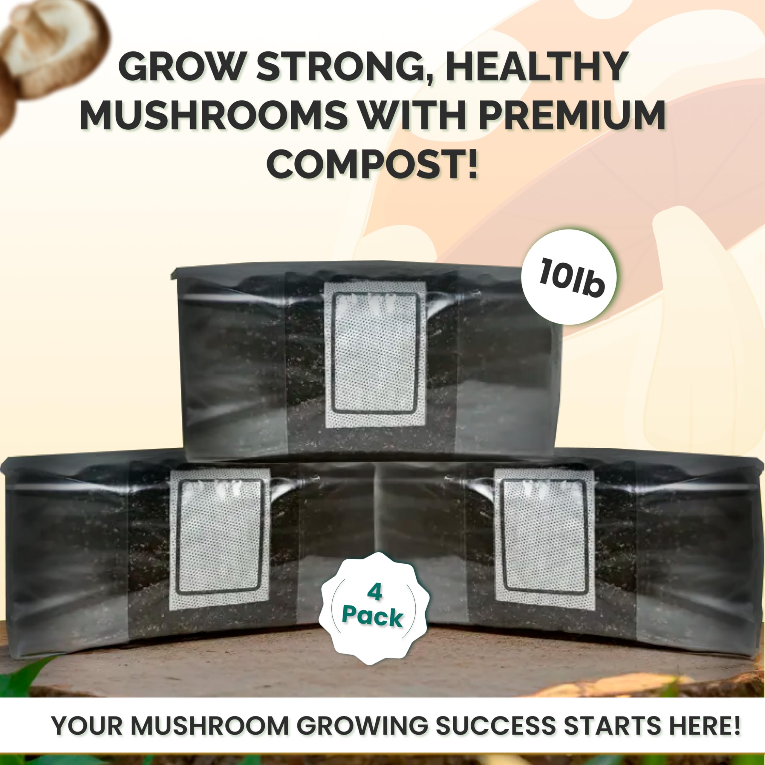 Organic Mushroom Compost - Sterilized Mushroom Growing Substrate for Home Cultivation | Premium Mushroom Soil for Oyster, Shiitake & Button Mushrooms | 10LB (4 Pack) | Perfect for Indoor/Outdoor Mushroom Farms & Garden Beds