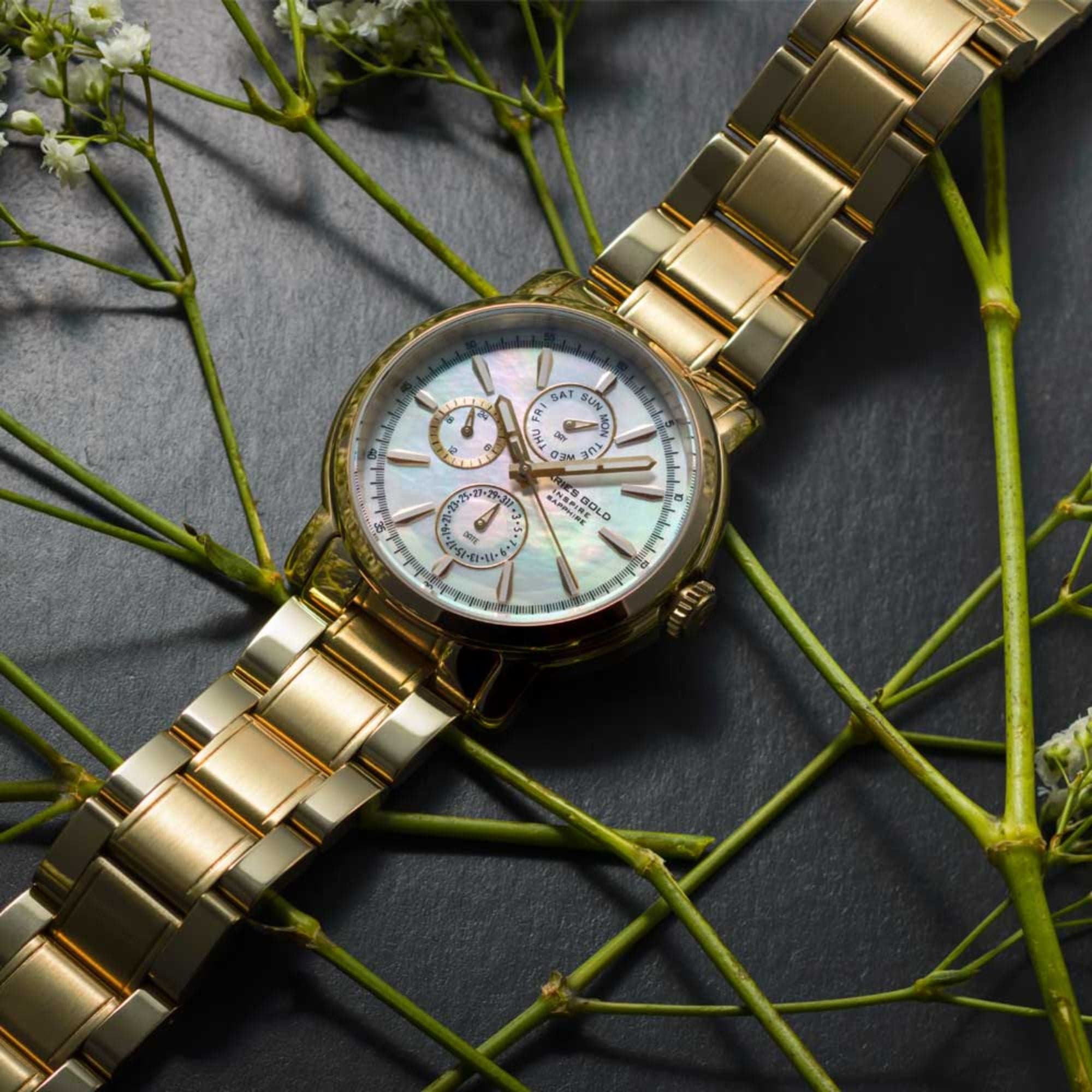 Aries Gold Chronograph Inspire Contender Women's Watch - Gold Stainless Steel Case with Mother of Pearl Dial - Perfect for Business, Parties & Special Occasions