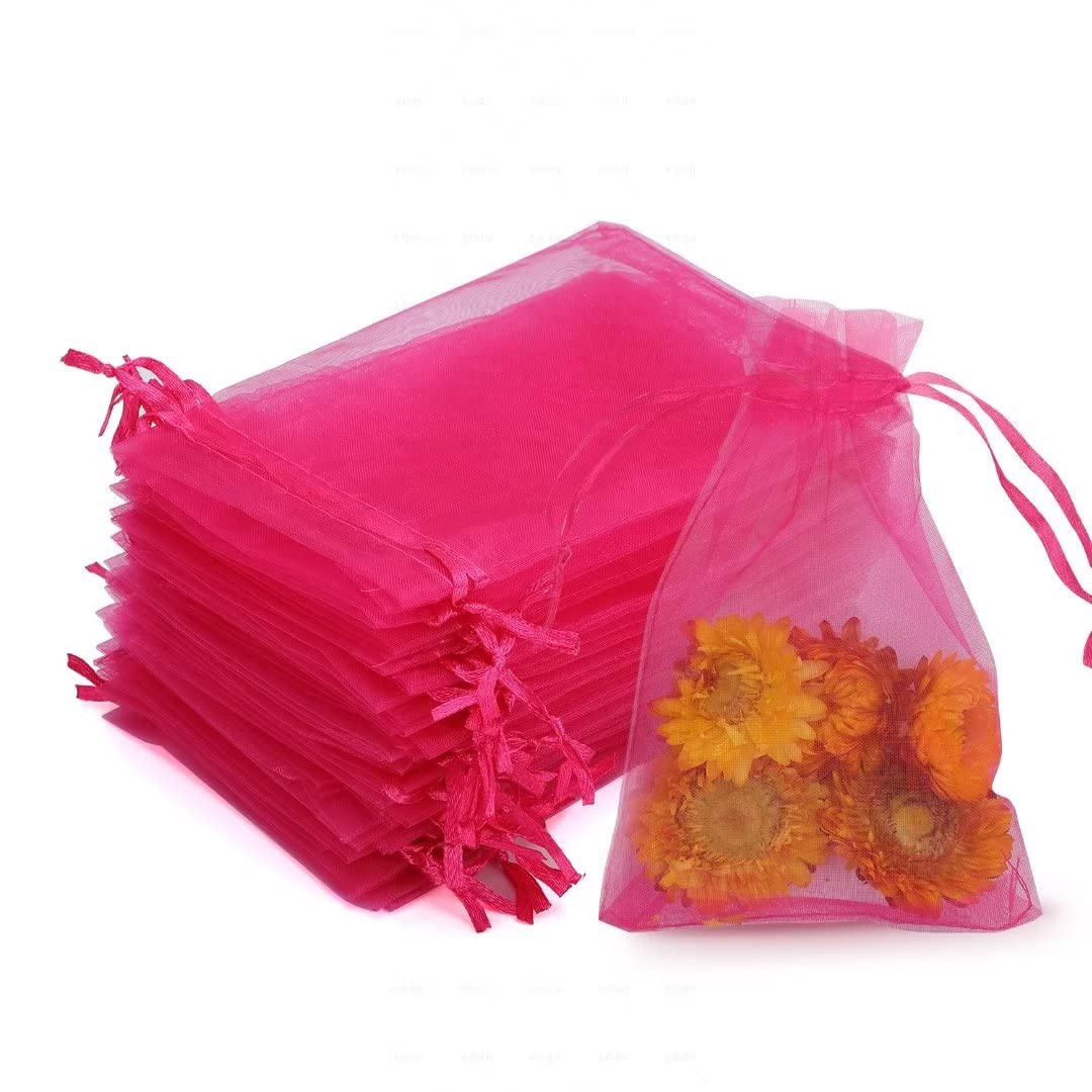 100PCS 4x6 Inch Sheer Organza Drawstring Bags - Small Jewelry Gift Bags for Wedding Favors, Party, Candy, Bracelet Packaging - Empty Mesh Sachet Bags (Hot Pink) | Perfect for Small Business, DIY Crafts & Event Giveaways