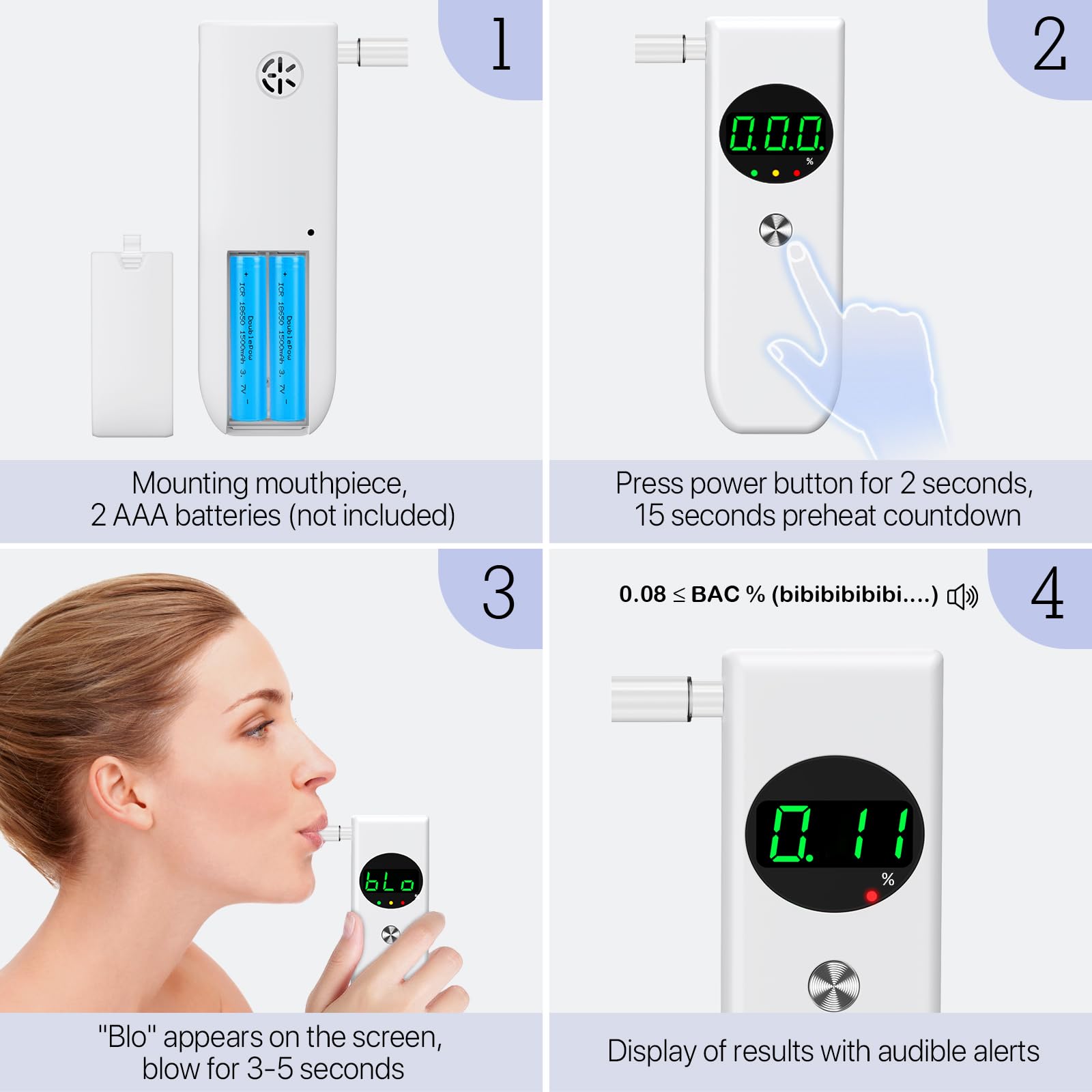Professional Breathalyzer Alcohol Tester - High Accuracy LCD Digital Display with 10 Disposable Mouthpieces | Portable BAC Detector for Home, Party, Workplace & Road Safety (White)